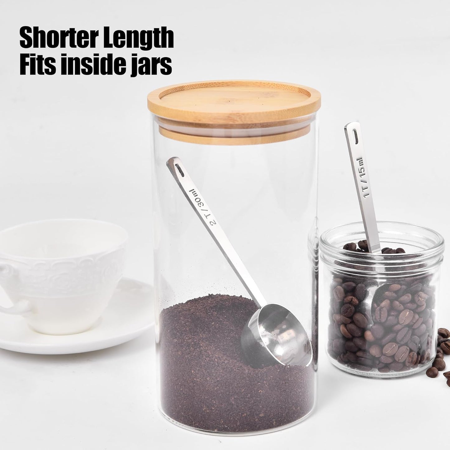 18/8 Stainless Steel Coffee Scoops, Doosu Food-Grade Metal Measuring Spoon with 4.3in Long Handle, Tablespoon Scooper for Coffee Beans, Ground Coffee, Protein Powders, Tea, Sugar (1 & 2 Tbsp)