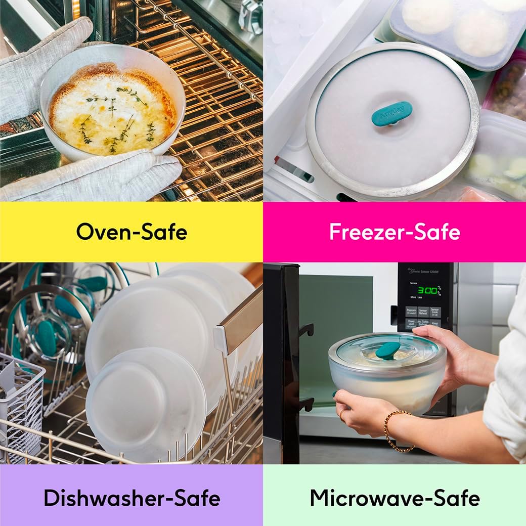 Anyday 4-Cup Glass Food Storage with Glass Lid, Round Shallow Dish | Plastic-Free Meal Prep & Microwave Cookware | Stackable Airtight Storage Container with Vented Lid for Microwave-Safe Reheating