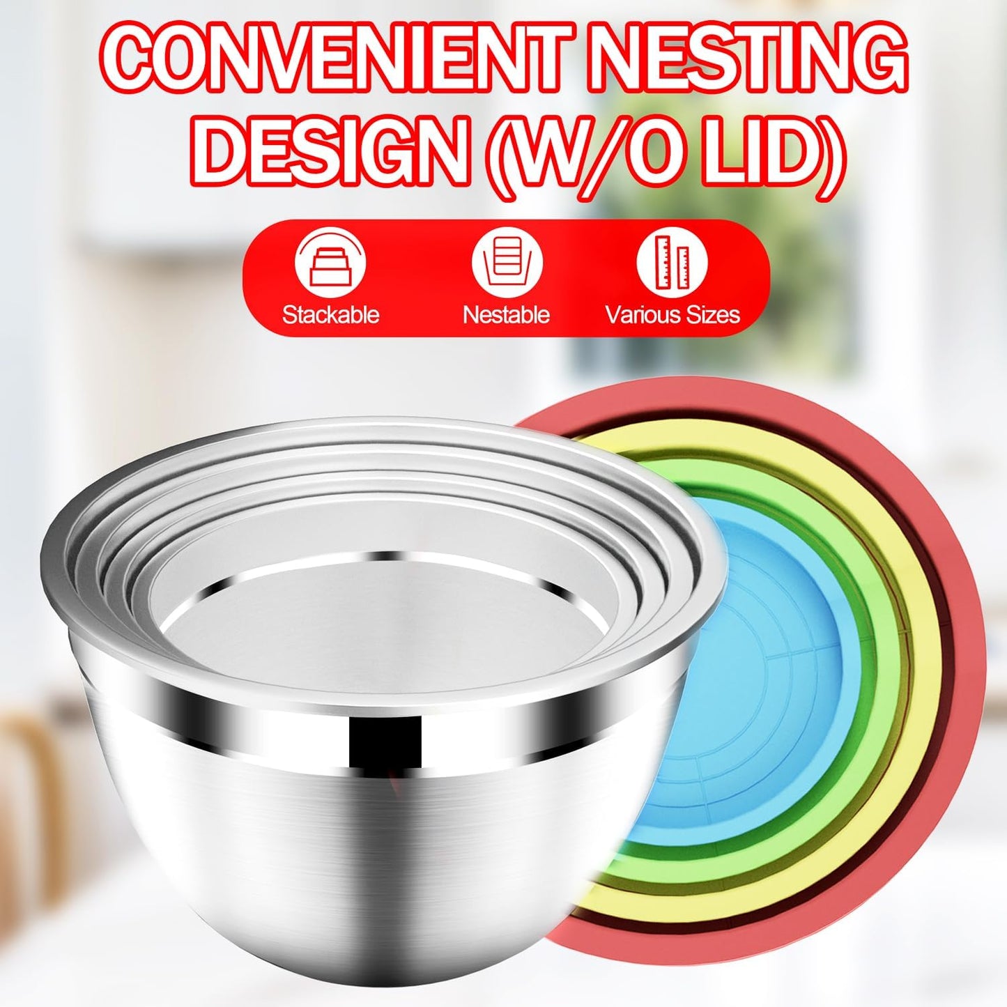 Mixing Bowls with Strainer, Mixing Bowl with Lids Set, Stainless Steel Mixing Bowls, Kitchen Gadgets 2025 Salad Bowls with Strainer for Mixing & Preping & Baking, Multicolor