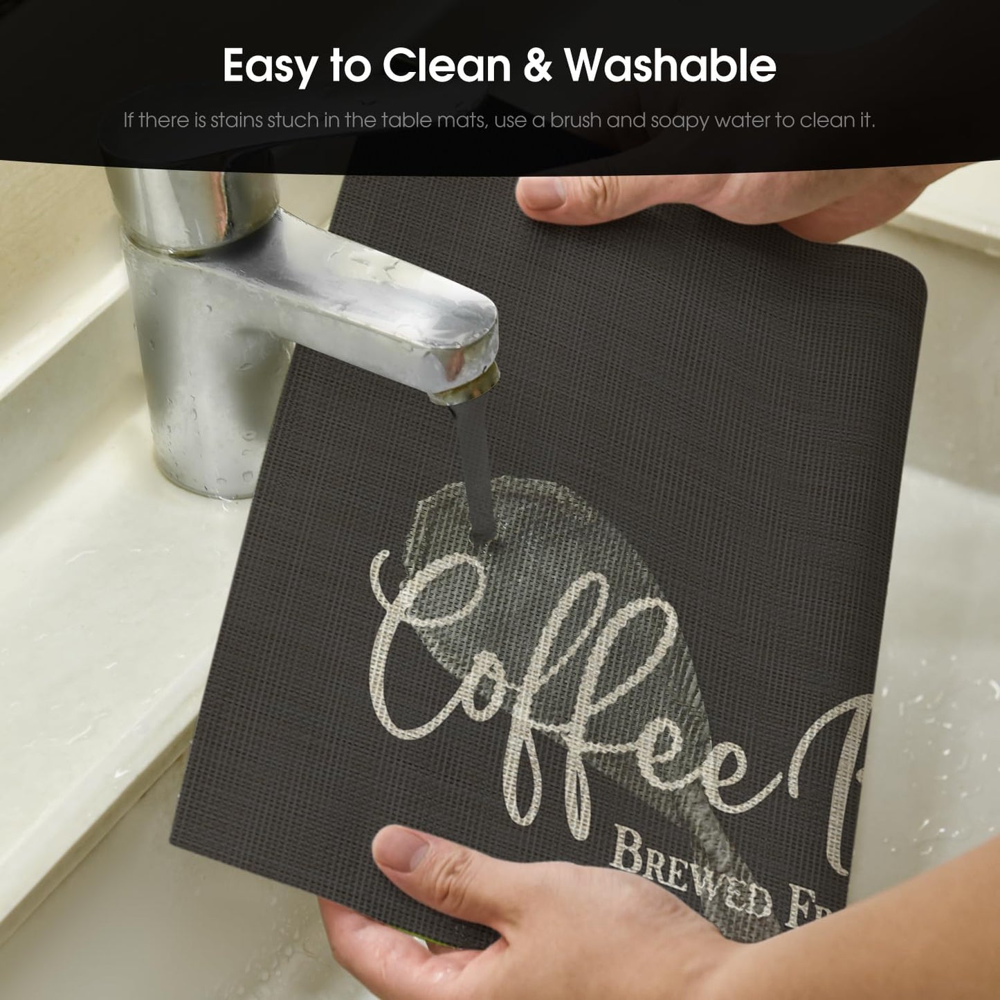 Artoid Mode Coffee Bar Mat Set of 2, Plastic Vinyl Washable Woven Non-Slip Table Mats for Coffee Machine Decor,Dark Gray