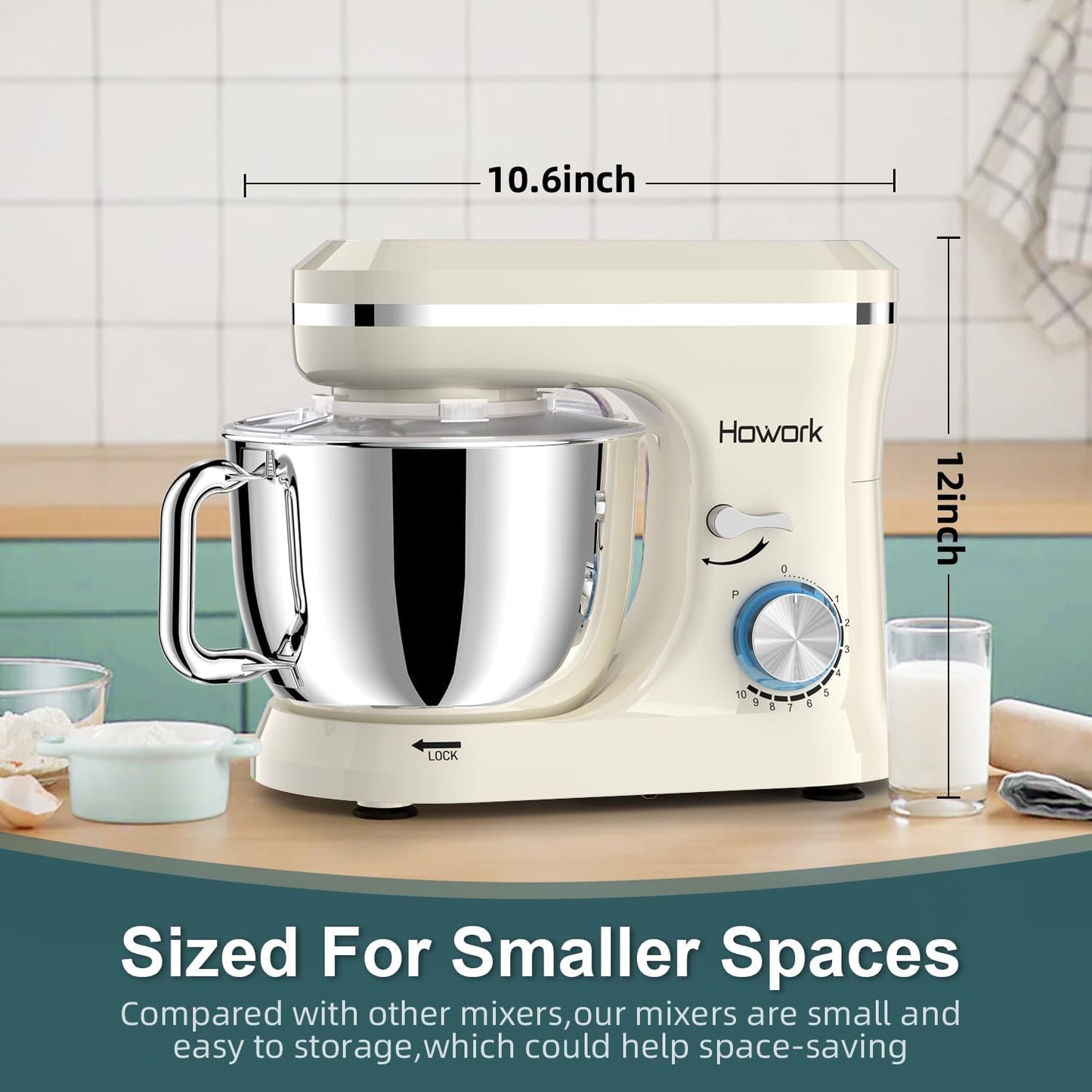 HOWORK Electric Stand Mixer,10+p Speeds With 6.5QT Stainless Steel Bowl,Dough Hook, Wire Whip & Beater,for Most Home Cooks,Cream White