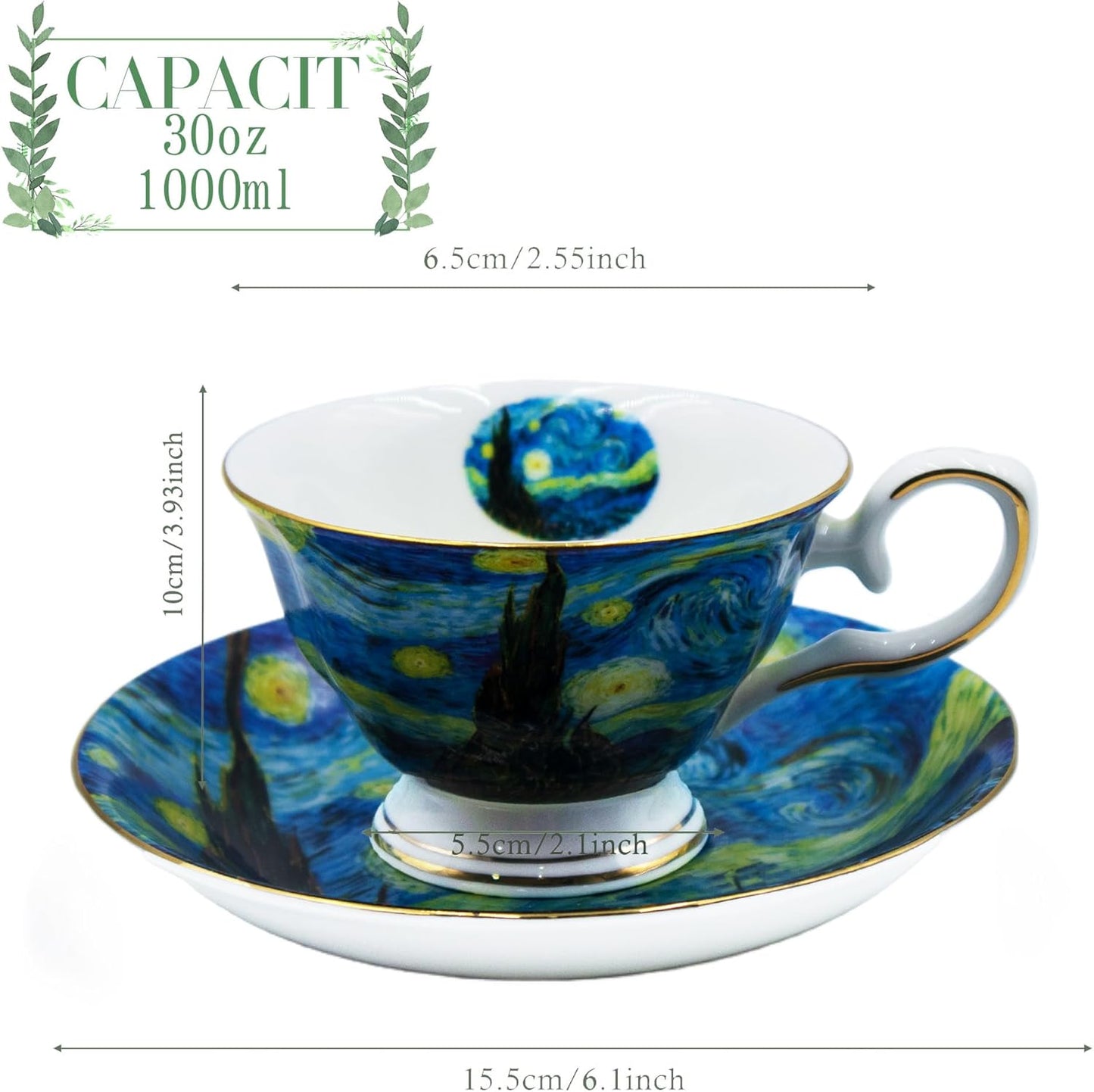 Floral Tea Cups Saucers Set of 2, Bone China 7 oz British Teacups Porcelain Coffee Cup for Rose Tea Cappuccino Espresso Latte (Starry Sky & Wheat Field)