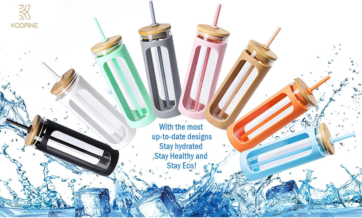 Kodrine 20oz Glass Tumbler with Straw and Lid, Bamboo Lids Water Bottle, Reusable Iced Coffee Cups, Wide Mouth Smoothie Cup with Protective Silicone Sleeve BPA FREE-Black+Amber-2pack