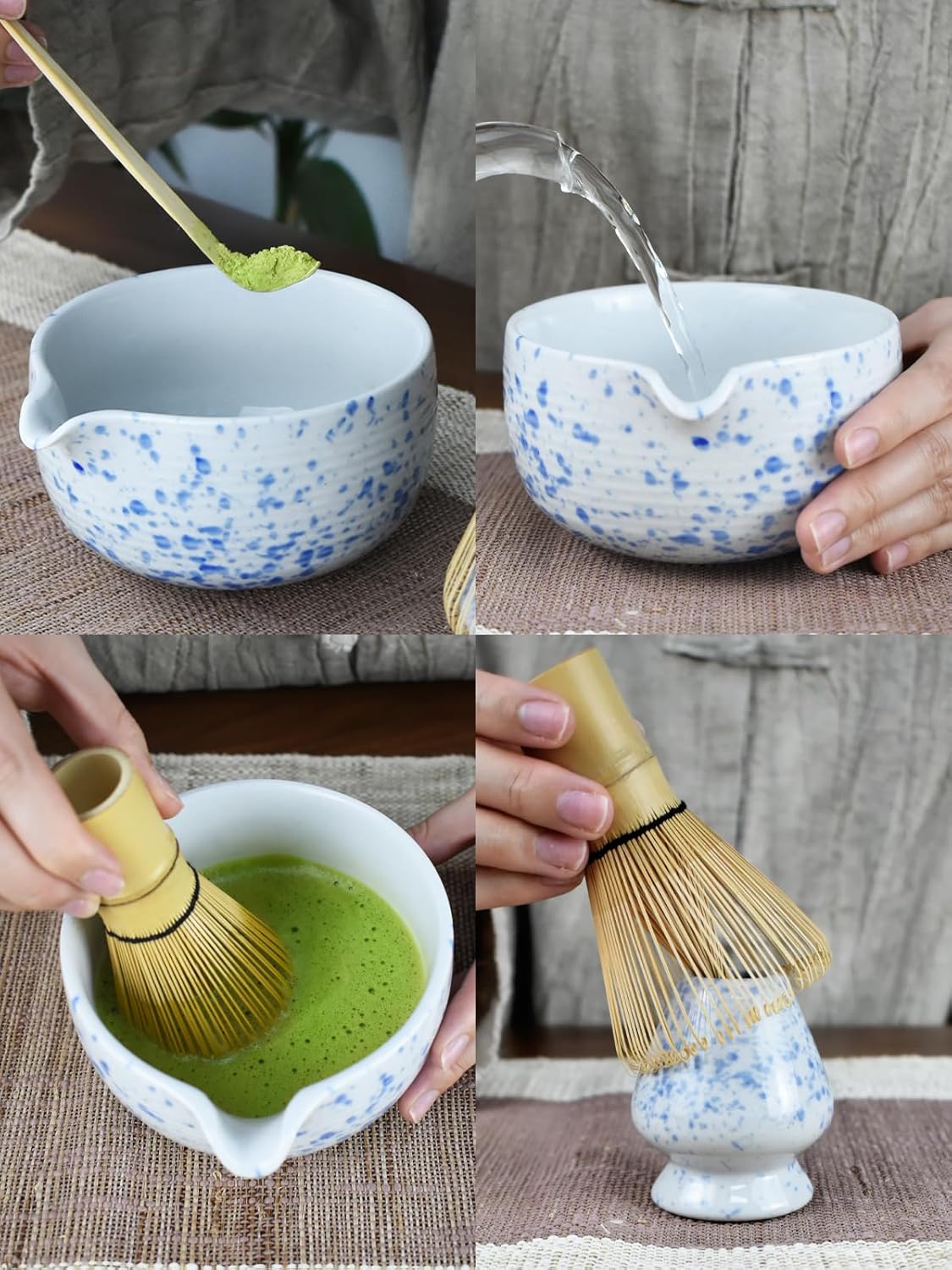 Artcome Matcha Tea Set - Ceramic Matcha Bowl with Pouring Spout, Bamboo Whisk, Whisk Holder, Tea Scoop & Matcha Manual - Complete Traditional Japanese Tea Ceremony Kit for Home, Office, or Gift, Blue