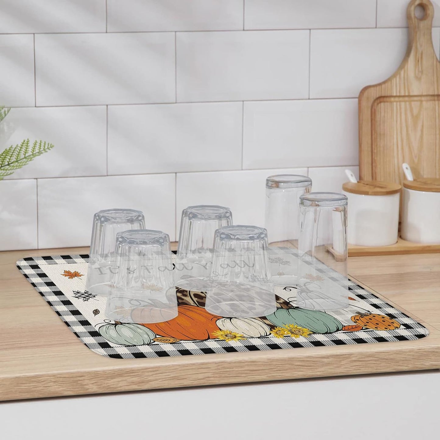 Fall Dish Drying Mat for Kitchen Counter Pumpkin Drying Pad Absorbent Drying Mats for Countertops Sinks Draining Racks Maple Leaves Black Buffalo Plaid Drainer Holiday Harvest Thanksgiving Decor 16x18