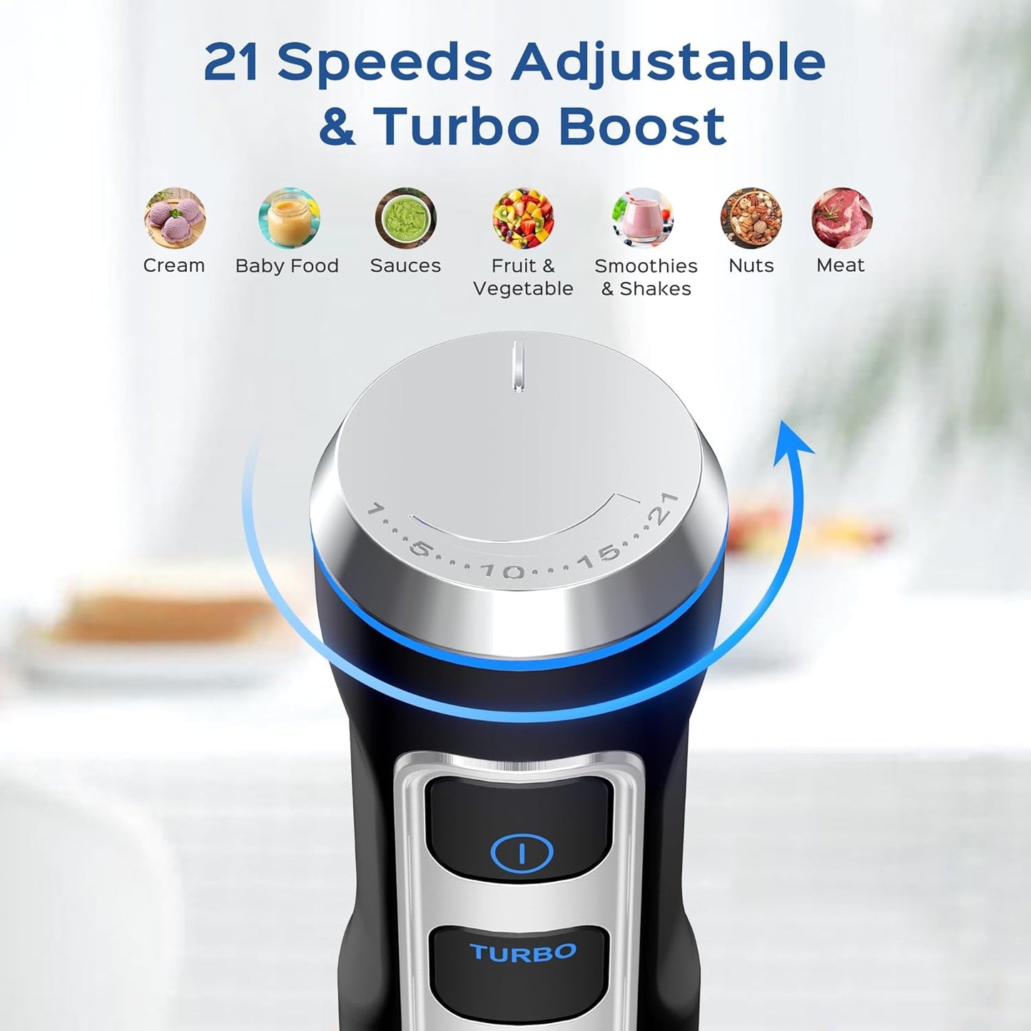 Immersion Blender Handheld 8 in 1 Hand Blender, Electric Blender Max 1000W Immersion Blender with 21 Speed & Turbo Mode, 21 Speed & Turbo Mode, Beaker Chopper Milk Frother Frother Grinder