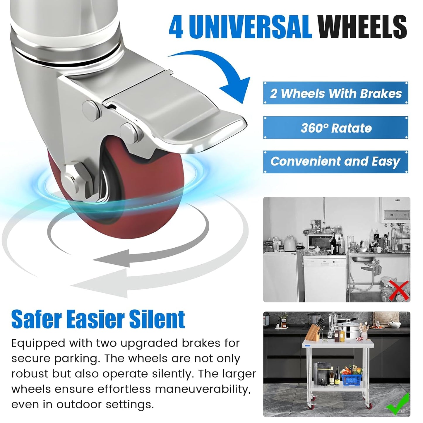 Stainless Steel Table for Prep & Work with 4 Caster Wheels with Adjustable Undershelf 24 x 30 NSF Metal Commercial Kitchen Worktable for Restaurant Home Outdoor