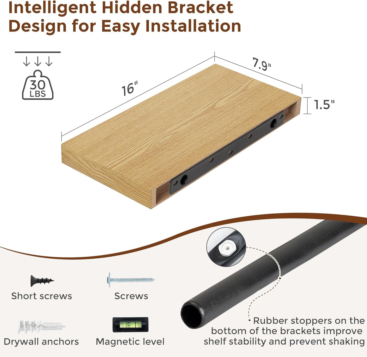 Heimlove 16 Inch Floating Shelves for Wall Oak Shelves Set of 2,Wall Mounted Rustic Wood 8 Inch Deep Floating Shelf with Invisible Brackets for Bedroom Kitchen Living Room