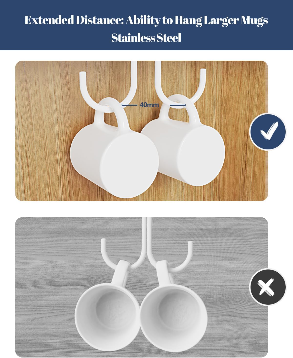 Mug Hooks Under Cabinet 3 Pack, Coffee Cup Hooks for Hanging Under Shelf, Mug Organizer Rack with 12 Hooks for Displaying Mugs, Coffee Cups and Kitchen Utensils, White