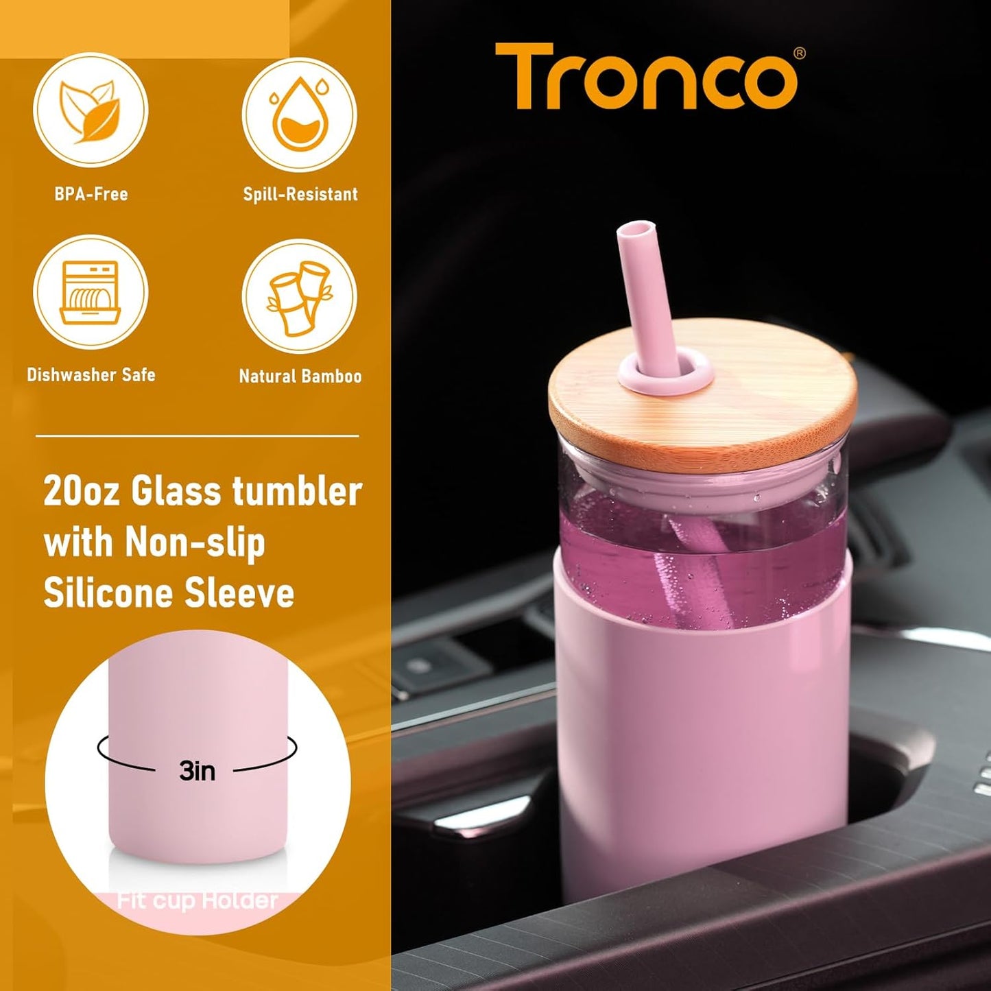 Tronco 20oz Glass Tumbler Glass Water Bottle Straw Silicone Protective Sleeve Bamboo Lid - BPA Free (Dot Bronze/ 1 Pack)