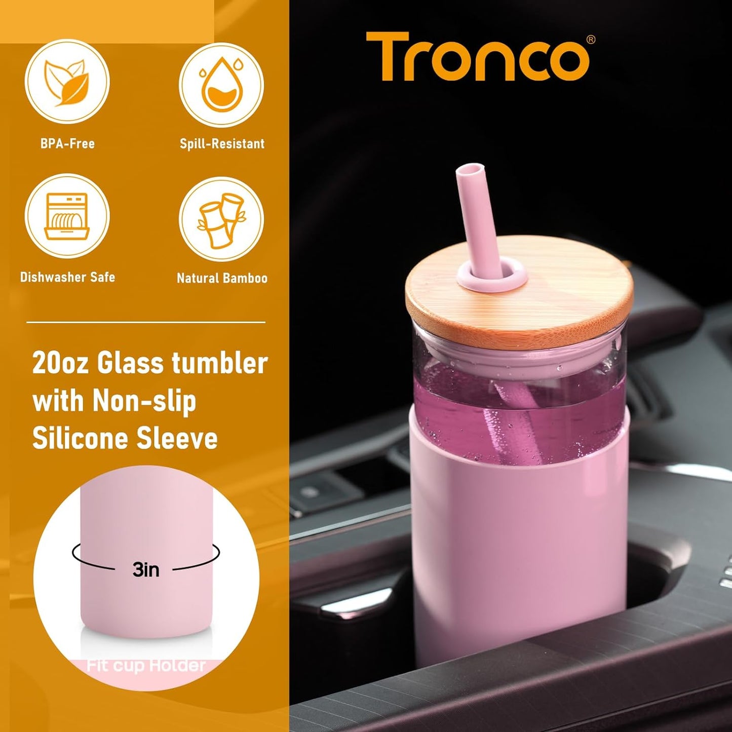 Tronco 20oz Glass Tumbler Glass Water Bottle Straw Silicone Protective Sleeve Bamboo Lid - BPA Free (Dot Pink/ 1 Pack)