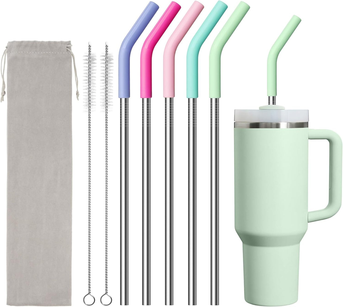 Metal Straw for Stanley Quencher Cup, Simple Modern, Meoky 40 oz Tumbler, 5 PCS Straight Reusable Stainless Steel Straws with Silicone Tips, Cleaning Brushes