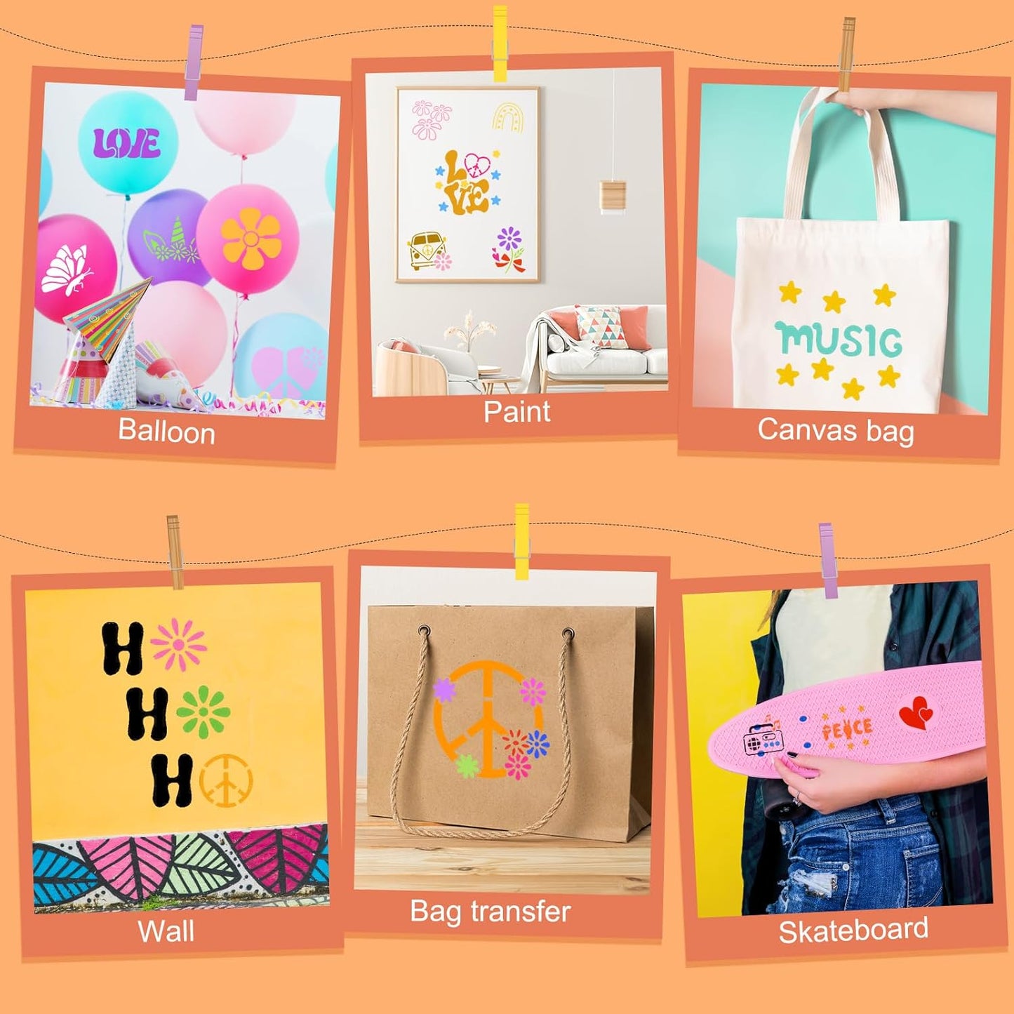 Fainne 100 Pcs Stencils for Painting on Wood Reusable Stencil Crafts Drawing Templates Holiday Wall Paper for DIY Scrapbook Home 2 x 2 Inch (Groovy Party)