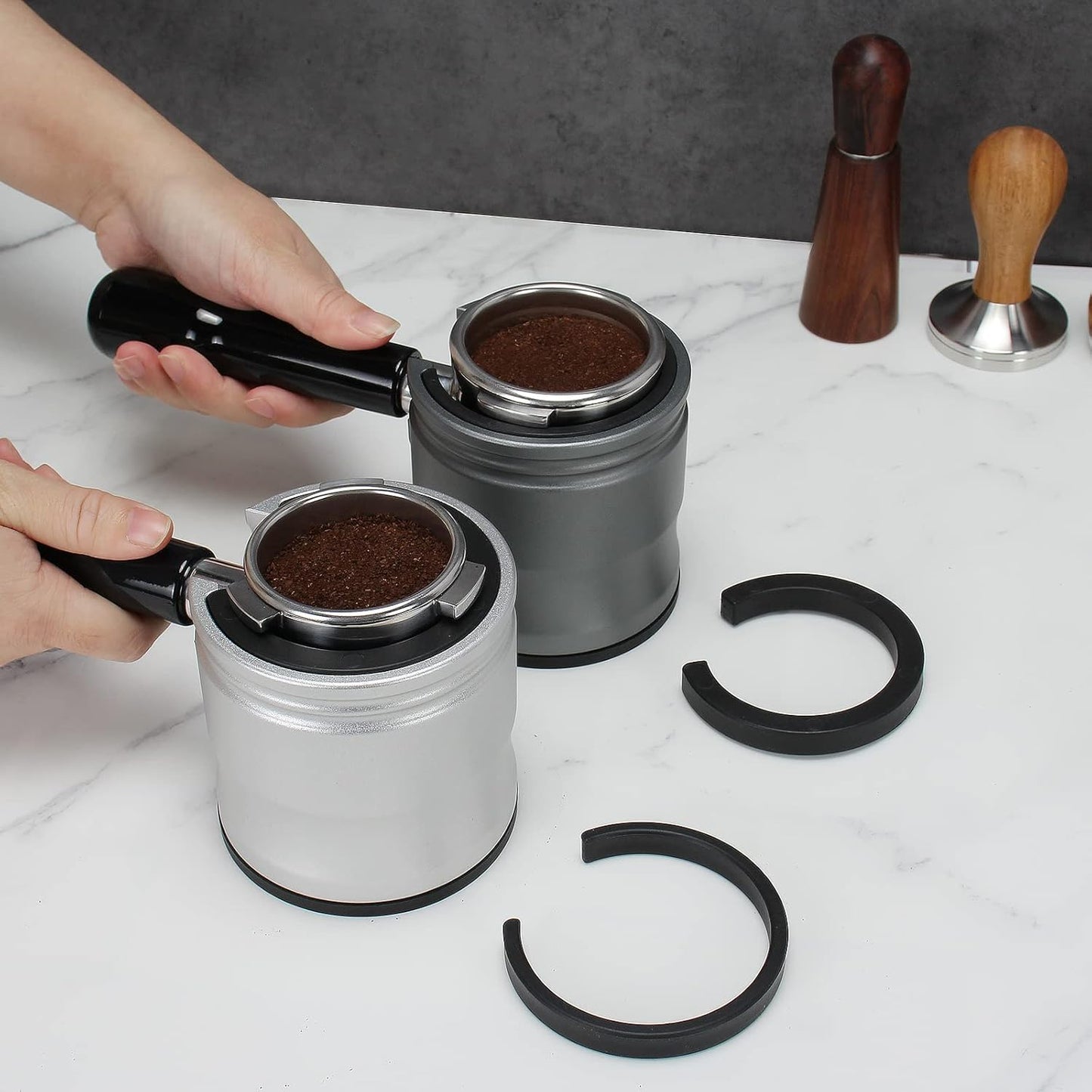 Espresso Tamping Station, Coffee Portafilter Holder, Aluminum Alloy Stand Fit for Most 51mm, 53mm, 54mm and 58mm Portafilter (Round,Silver)