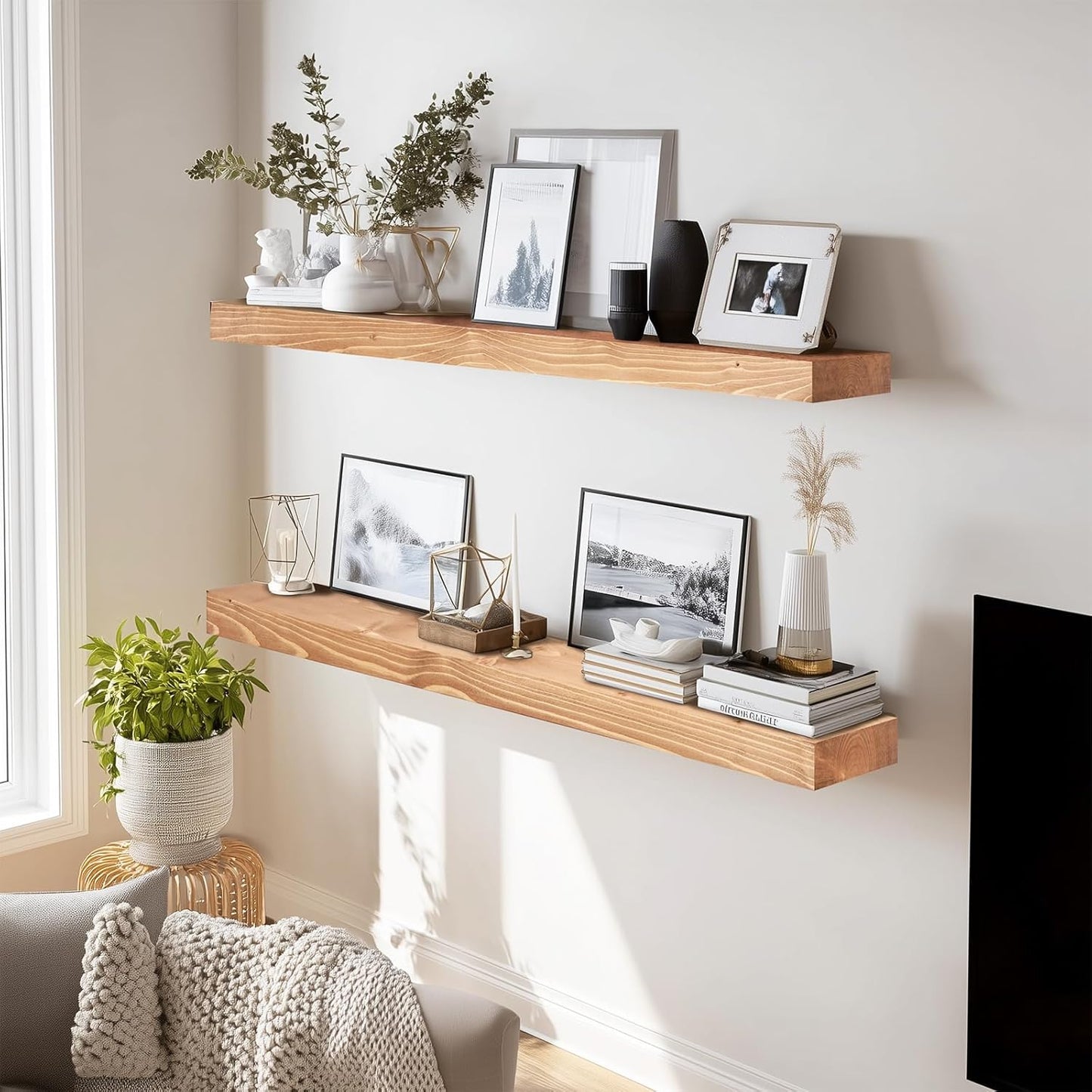 36x8x1.6 inch Floating Shelves Set of 2 – Solid Wood Rustic Oak Wall Mounted Shelf for Kitchen, Bathroom, Living Room