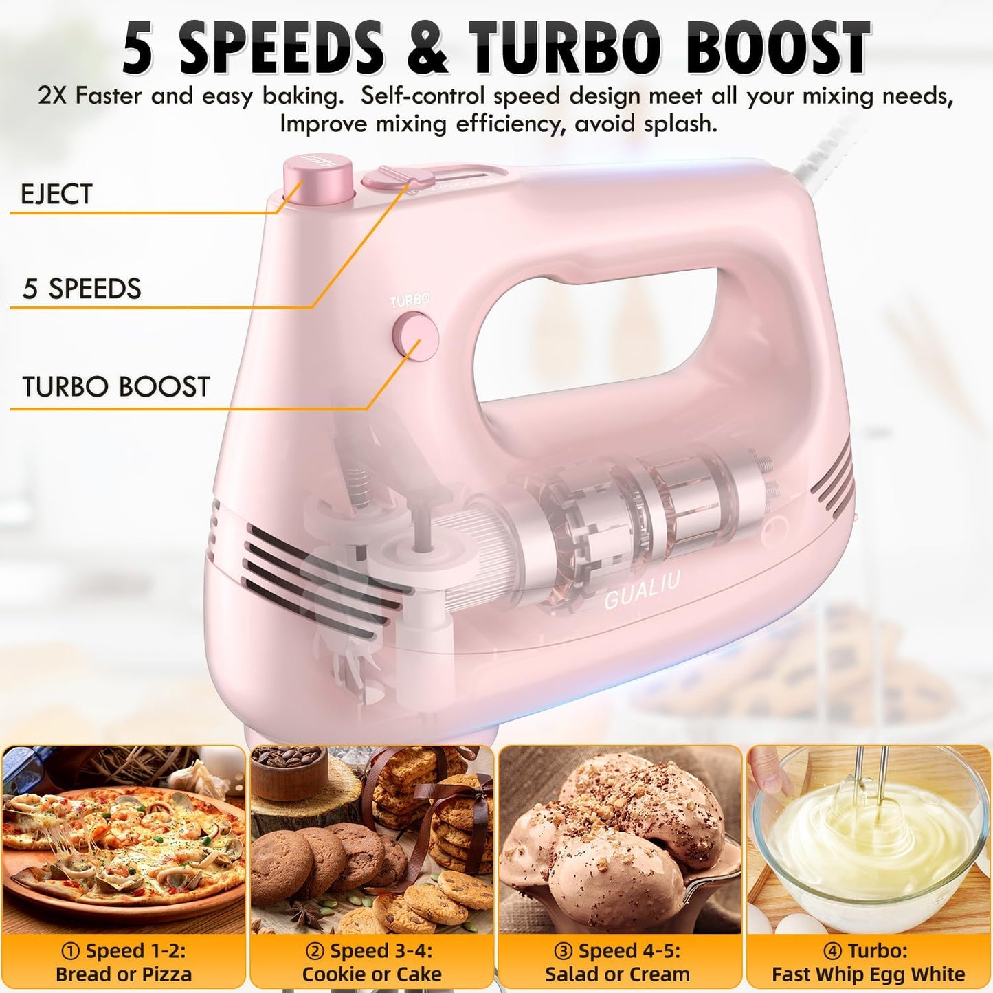 Electric Hand Mixer with Stainless Steel Whisk, Dough Hook Attachment and Storage Bag, Handheld Mixer for Baking Cakes, Eggs, Cream Food Mixers. Turbo Boost /5 Speed Kitchen Blender PINK