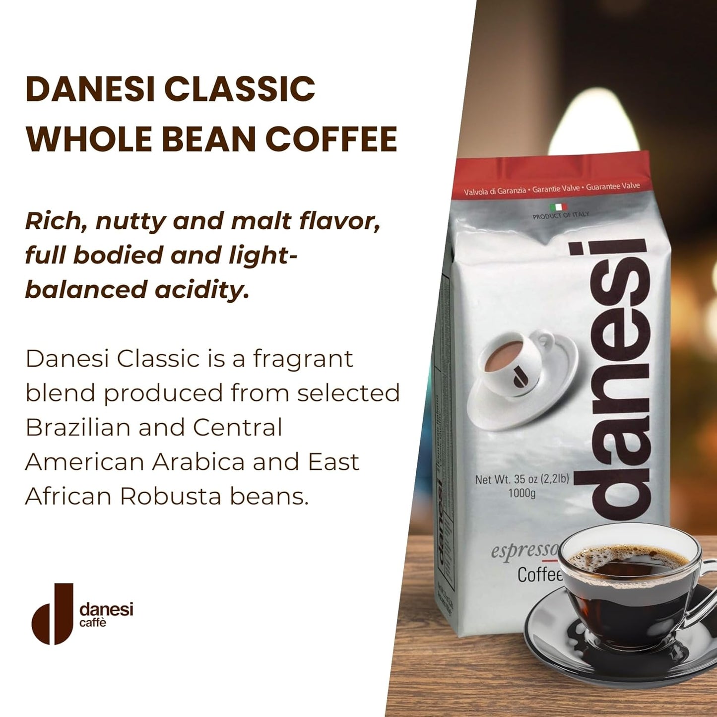 Danesi Caffe Italian Whole Coffee Beans - Espresso Coffee Beans and Medium Roast Whole Bean - Perfect for Espresso Machines, French Press, and Home Brewing - Classic (2.2 lb)