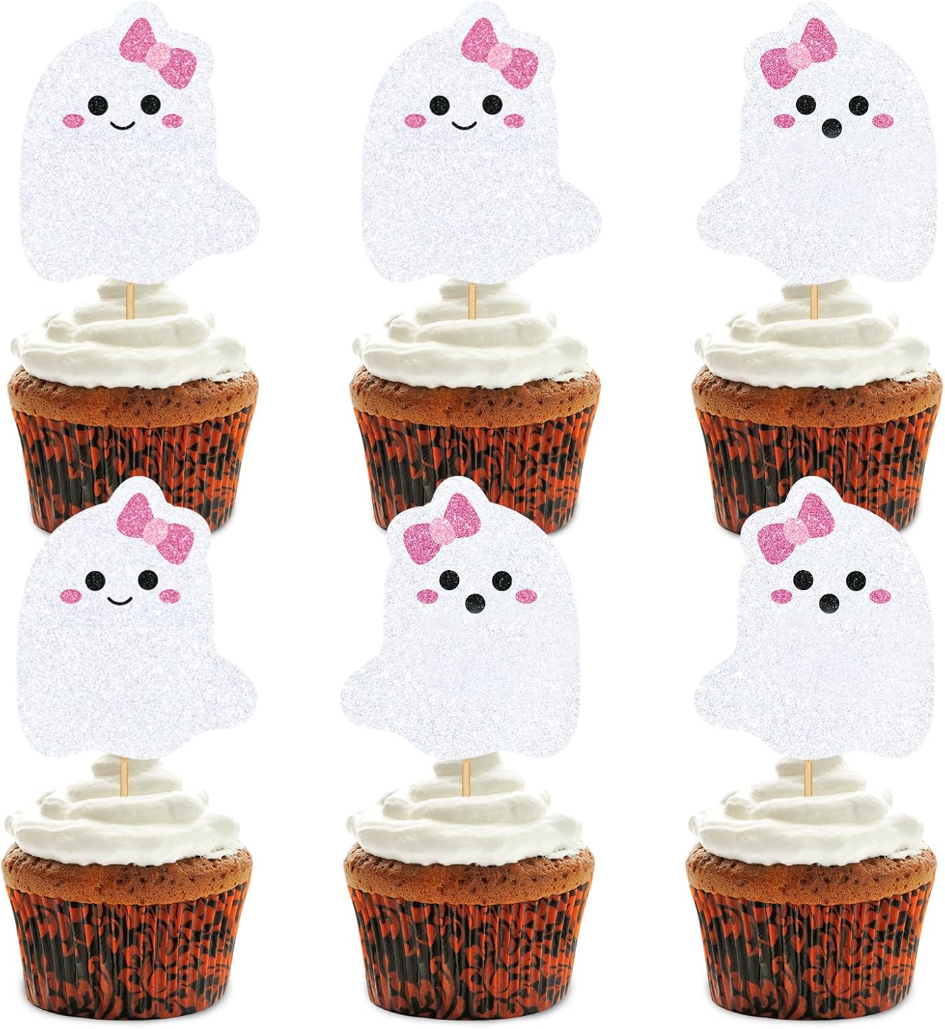 Whaline 48Pcs Halloween Cupcake Toppers Pink Bow Ghost Cupcake Picks Cute Ghost Cake Decorations for Halloween Birthday Party Supplies