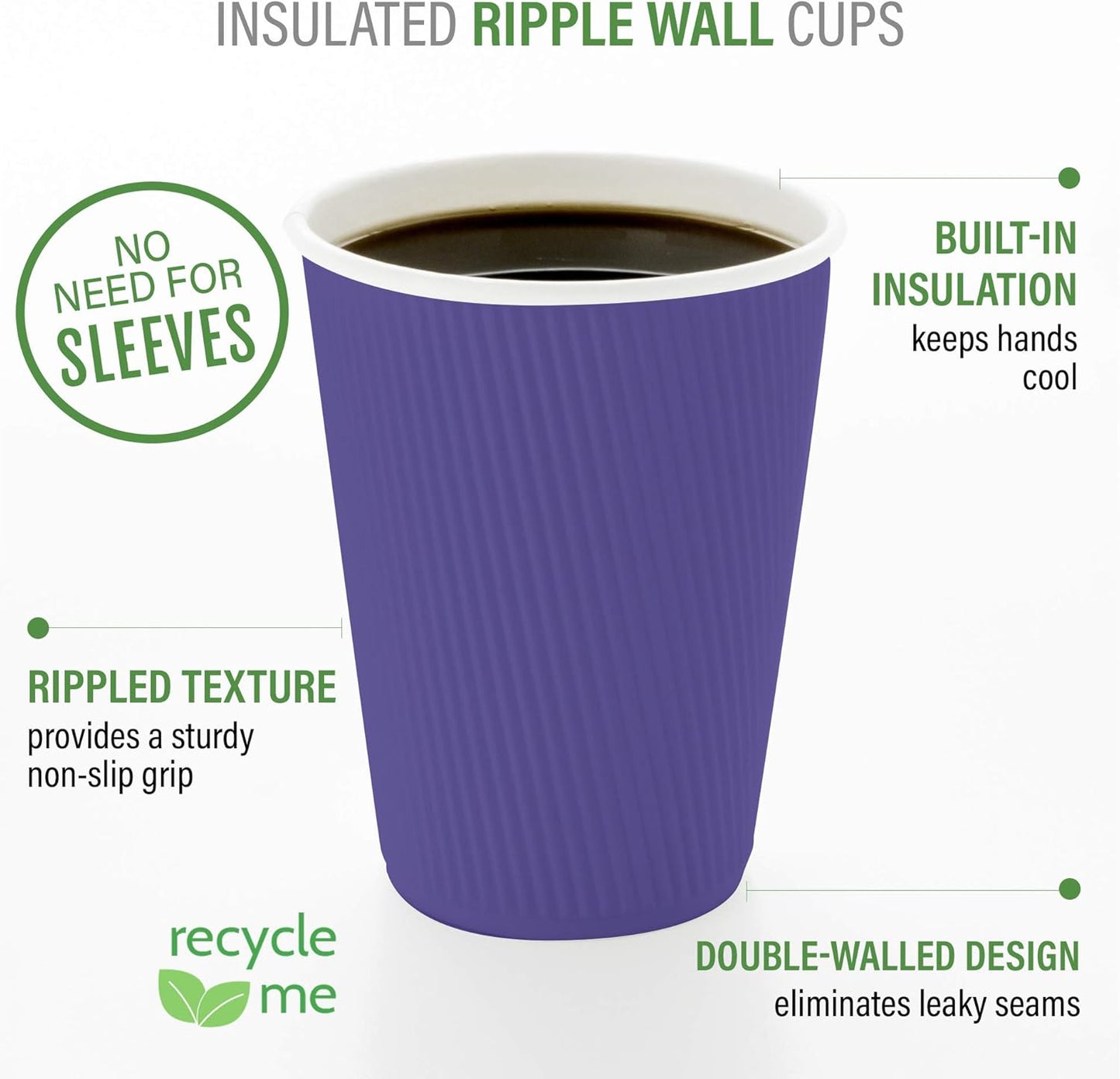 Restaurantware 8 Ounce Double Wall Disposable Coffee Cups, 500 Insulated Royal Purple Paper Tumblers with Ripple Wall Design, Lids Sold Separately for Hot Drinks like Tea, Hot Chocolate, and More