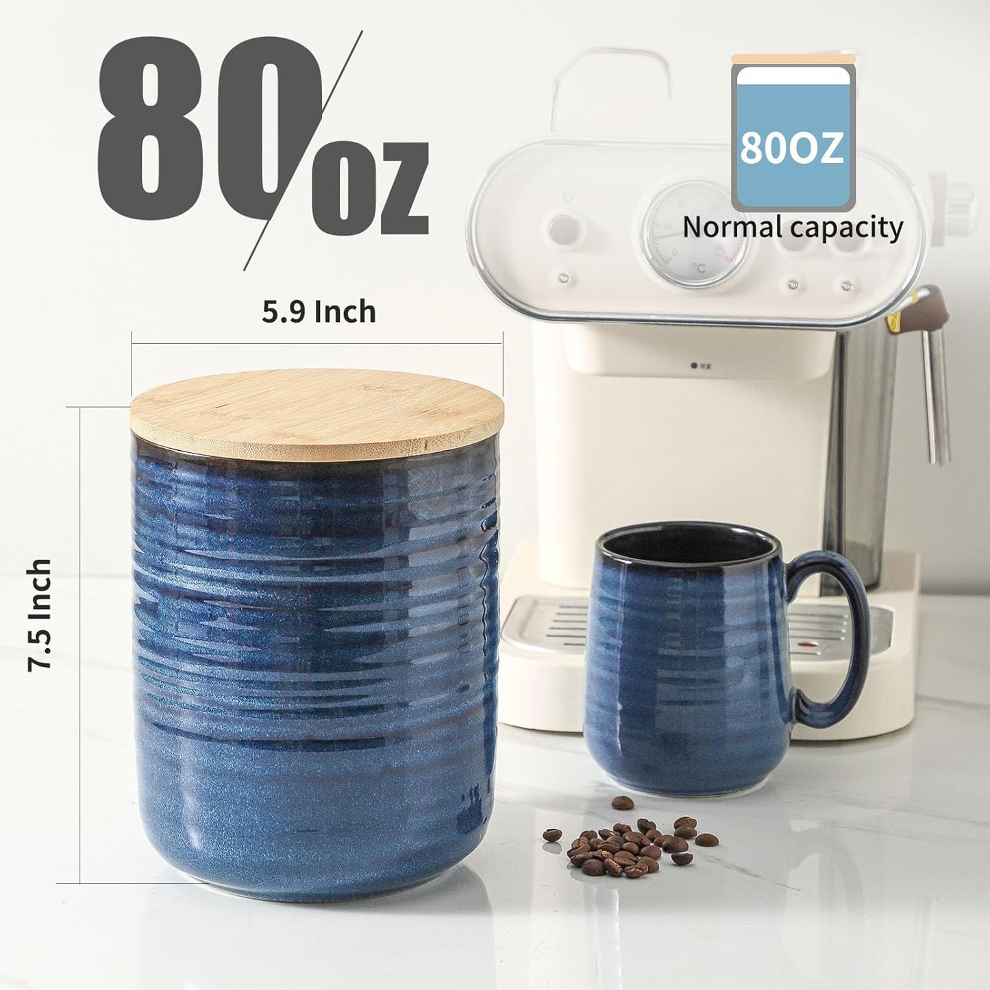 Hasense 80oz Ceramic Food Storage Jar with Airtight Bamboo Lid – 7.5 Inch Large Kitchen Canister for Coffee, Sugar, Flour, Tea, Snacks – Wide Mouth Blue Container for Pantry Organization