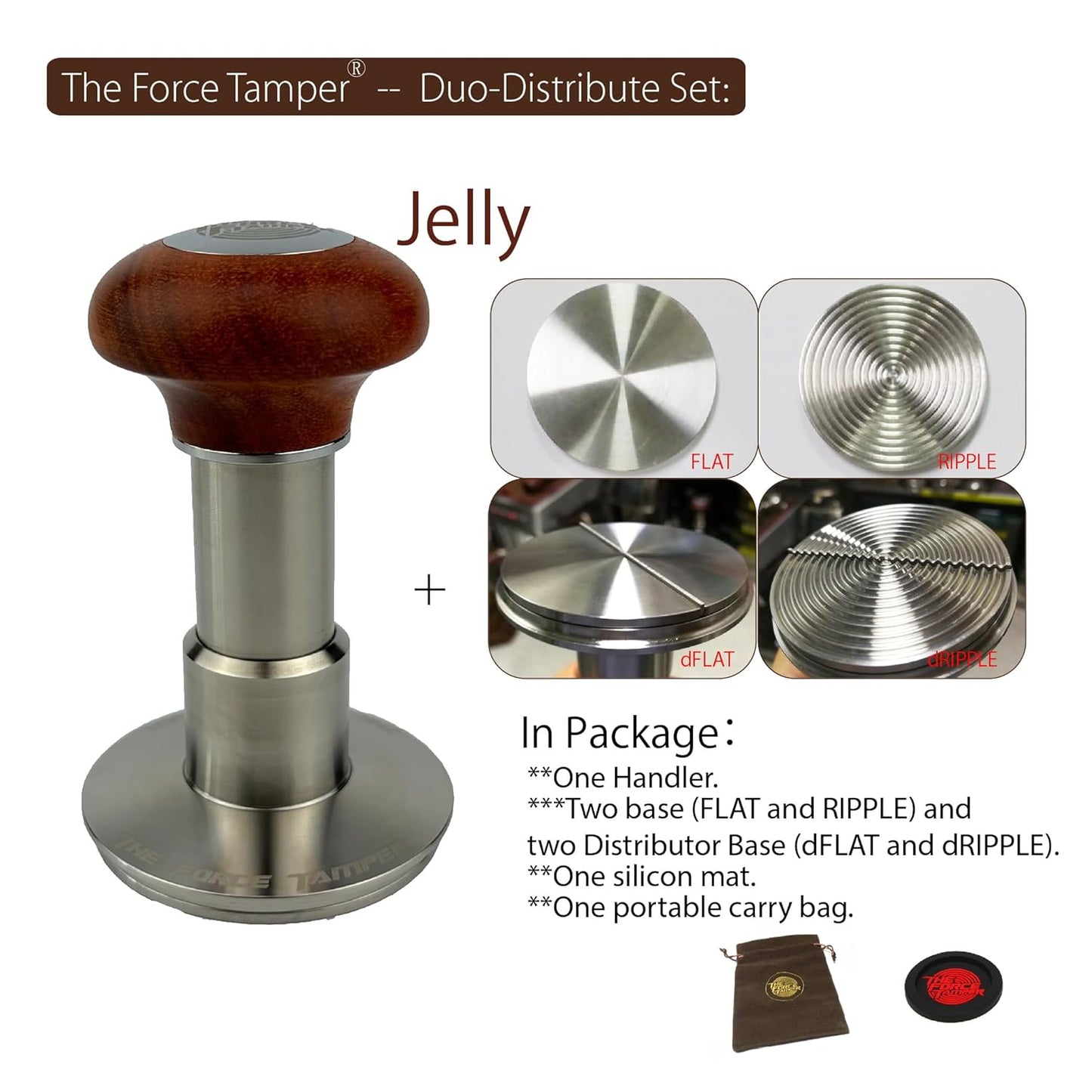 The Force Tamper Automatic Impact Adjustable Constant Pressure and Autoleveling Coffee Tamper Reddish Brown Jellyfish Wooden Handle Set Pro (Duo-Distribute Set, 58.50mm)