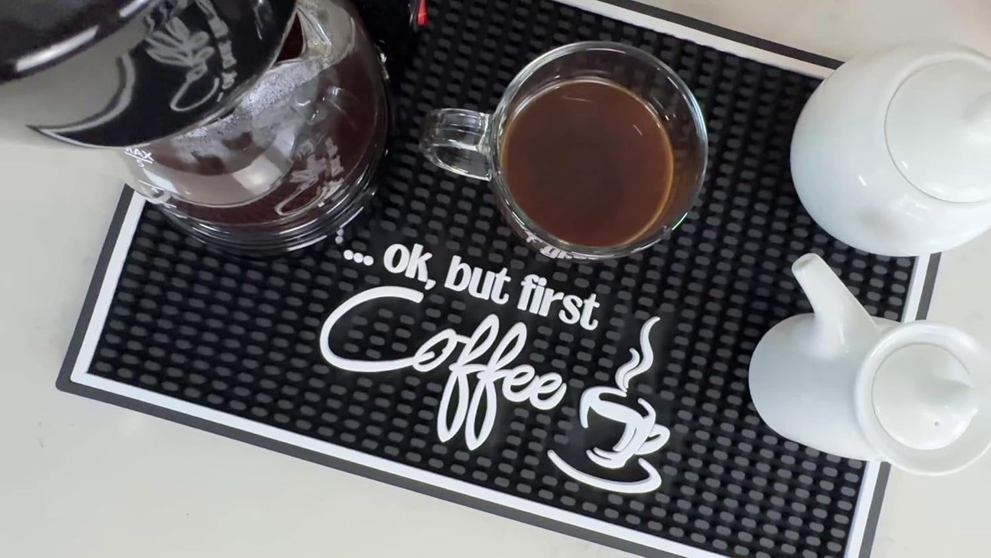 Ok But First Coffee Sign Rubber Bar Mat for Countertop, 18x12 Coffee Bar Mat, Coffee Bar Sign Counter Mat, Coffee Station Mat, Cocktail Rubber Mat