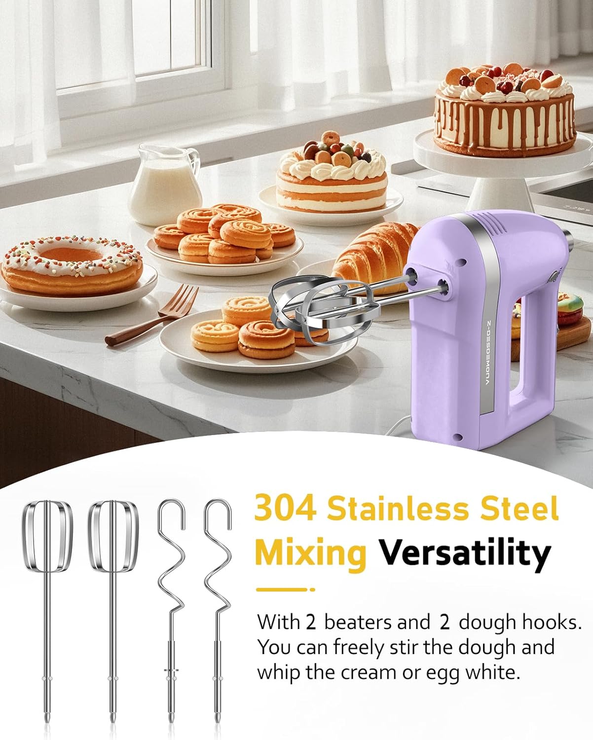 Electric Hand Mixer, Powerful 300W Hand Mixer Electric Handheld with 304 Beaters, Dough Hook,Hand Held Mixer with Turbo for Baking Cakes, Eggs, Cream Food(Purple)