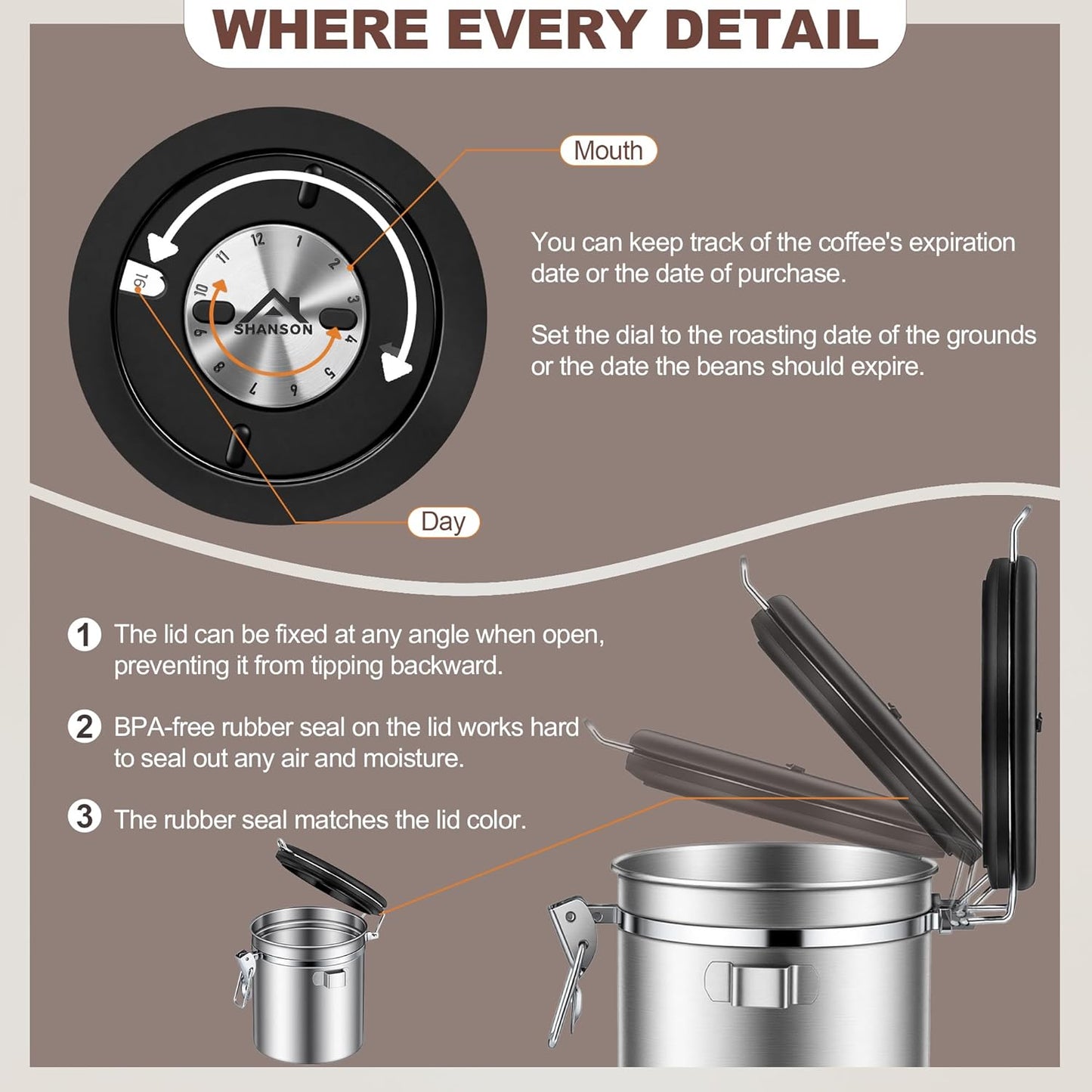 ShanSon Coffee Canister Airtight Coffee Container Stainless Steel Coffee Bean Storage Container with Scoop Coffee Canister for Beans Grounds Sugar Flour Tea Cereal,11OZ,Silver