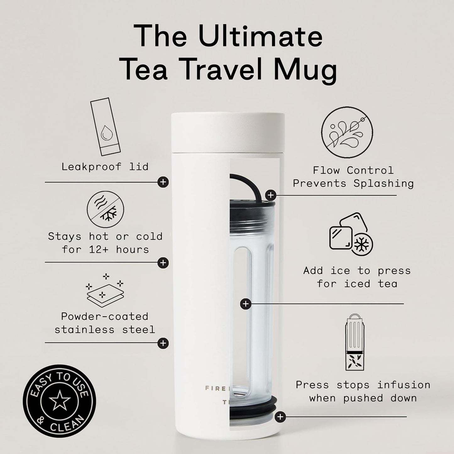 Firebelly Tea, Travel Tea Infuser Mug with Strainer, Insulated Tumbler for Loose Leaf Tea or Coffee, Leakproof Bottle for Hot or Iced Drinks, Stainless Steel Thermos with Lid, Blanc