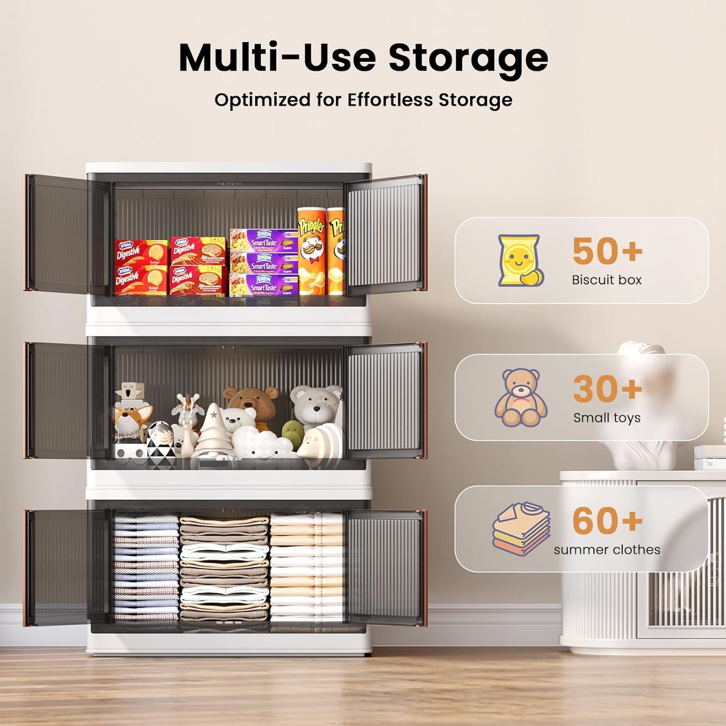 19Gal Collapsible Storage Bins with Lids & Wheels - 2 Pack Stackable with Doors, Heavy-Duty Plastic Containers for Home/Office, White