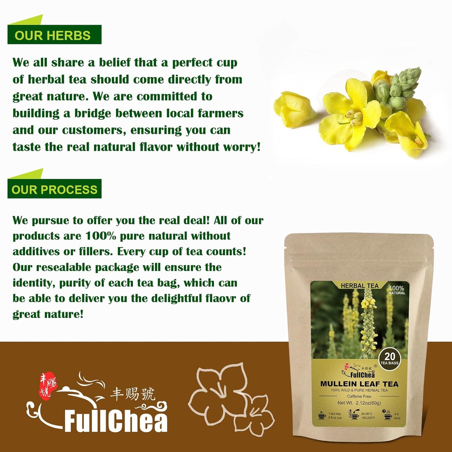 FullChea - Mullein Leaf Tea Bags, 20 Teabags, 3g/bag For Lungs - Non-GMO - Caffeine-free - Natural Healthy Herbal Tea