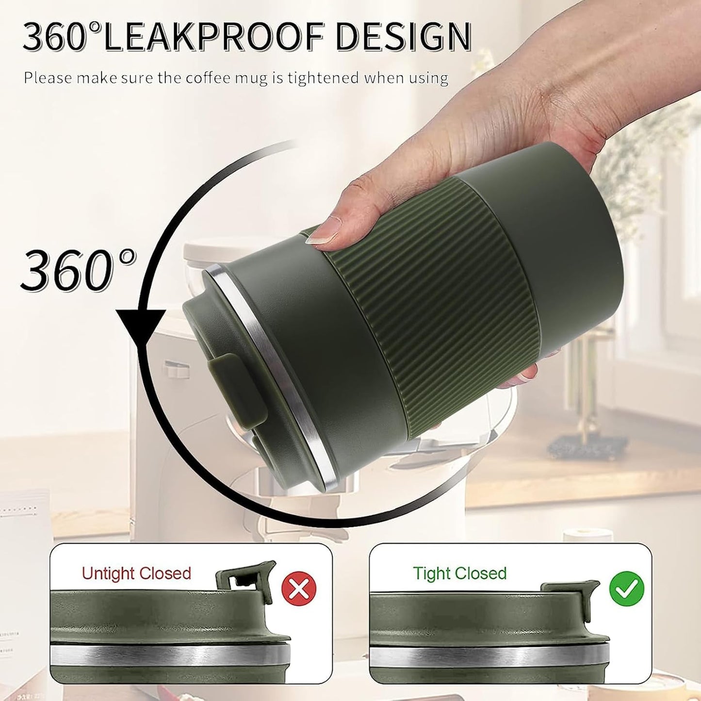 YINBAOGE Insulated Travel Coffee Mug Spill Proof Leak Proof Pobtable To Go Camping Stainless Steel Coffee Tumbler Reusable Coffee Cups with Lids Thermos for Hot and Cold Drink (Green, 17 OZ)