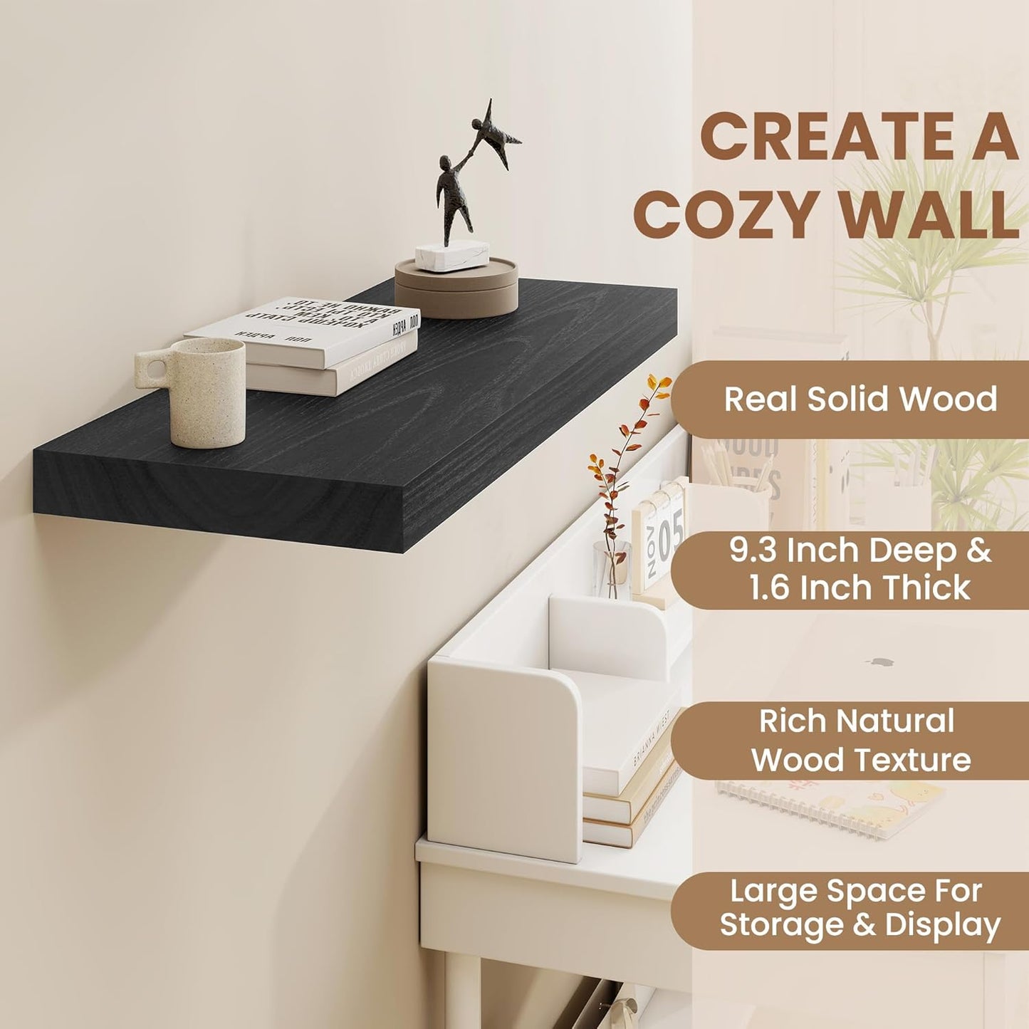 Fun Memories 9 Inch Deep Black Floating Shelves, Farmhouse Rustic Natural Wood Floating Shelf Wall Mounted, 30 x 9 Wall Shelves Set of 2, Deep Black Bathroom Shelves