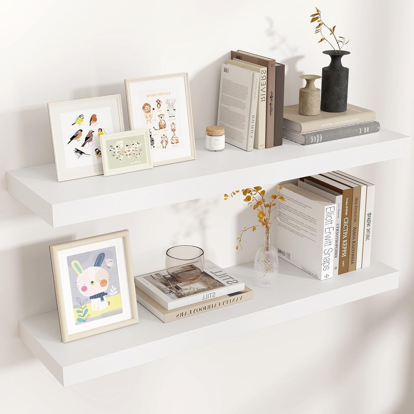 Floating Shelves - 2 Large Wall Mounted Shelves with Invisible Brackets, Long Wood Floating Wall Shelf for Living Room, Bedroom, Kitchen (White, 36" W x 9" D x 1.5" H)