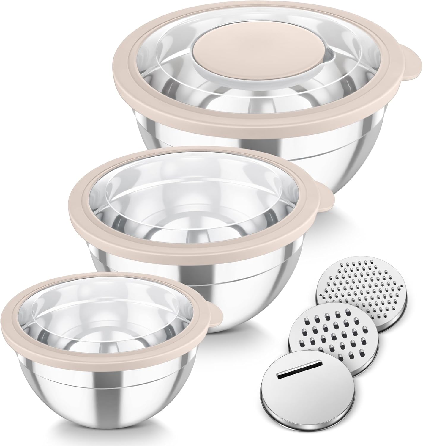 TeamFar Mixing Bowls, 3PCS Stainless Steel Serving Salad Bowls with Lids & 3 Graters, For Kitchen Mixing/Baking/Storing/Prepping, Visible & Airtight, Easy Clean - 4.5/3 / 1.5 QT, Khaki