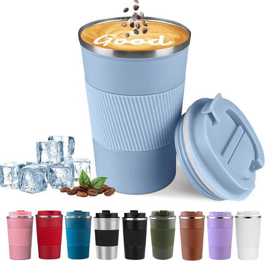 YINBAOGE Insulated Travel Coffee Mug Spill Proof Leak Proof Pobtable To Go Camping Stainless Steel Coffee Tumbler Reusable Coffee Cups with Lids Thermos for Hot and Cold Drink (Light blue, 12 OZ)