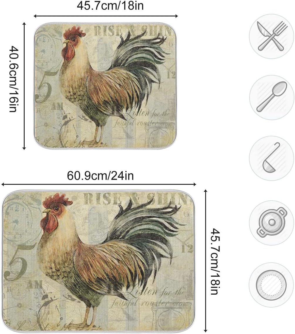 Farmhouse Rooster Dish Drying Mat 18 x 24 Inch with Hanging Loop High Absorbent Reversible Microfiber Dish Drying Pad Dish Rack Pad Drainer Mat for Kitchen Counter Coffee Bar