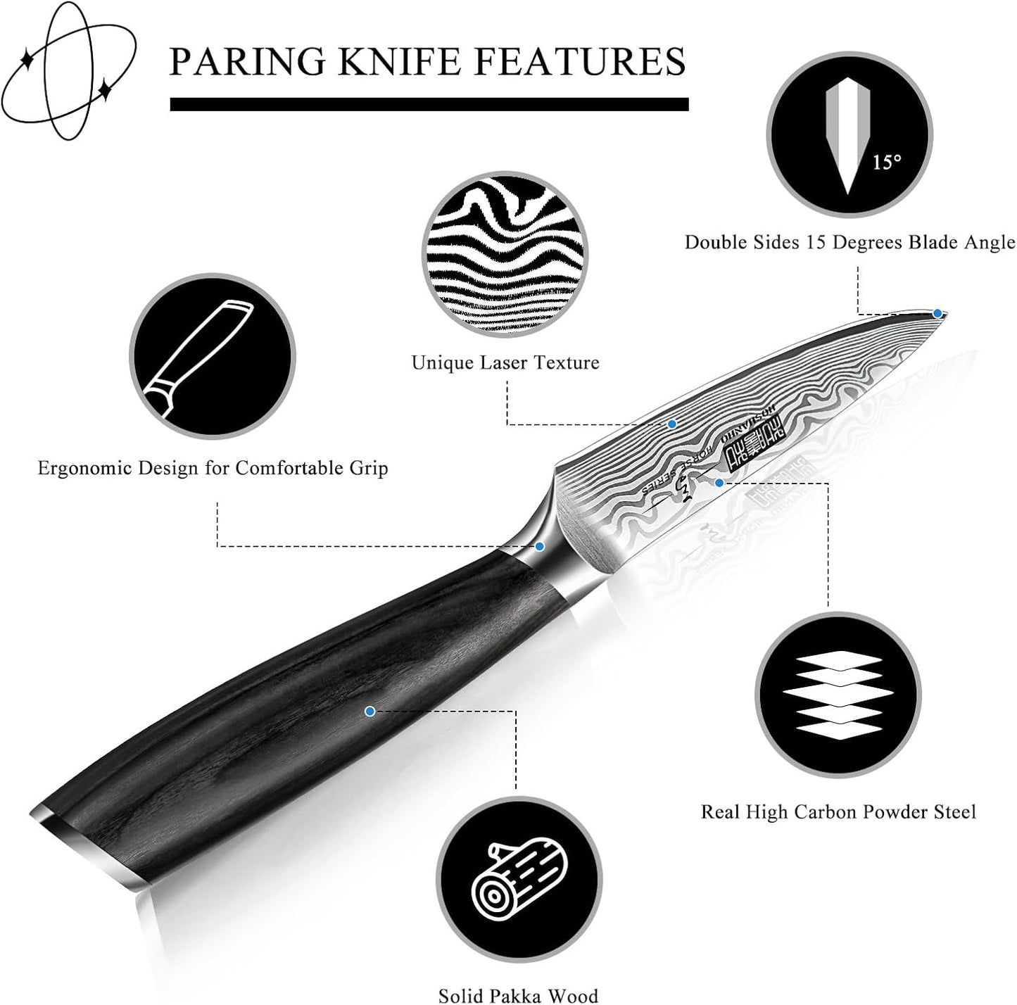 Paring Knife 3.75 Inch, High Carbon Powder Steel Forged Small Kitchen Knives, Razor Sharp Japanese Fruit Knife with Ergonomic Pakkawood Handle
