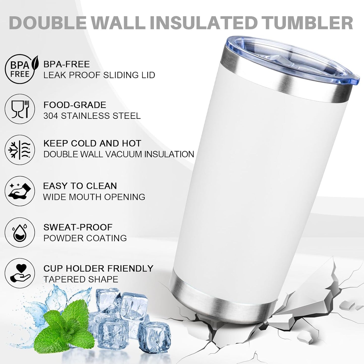 20oz Tumbler with Lid Double Wall Vacuum Insulated Travel Coffee Mug Stainless Steel Thermal Cup Powder Coated Sturdy Coffee Tumbler Bulk for Hot and Cold Beverage (White,4)