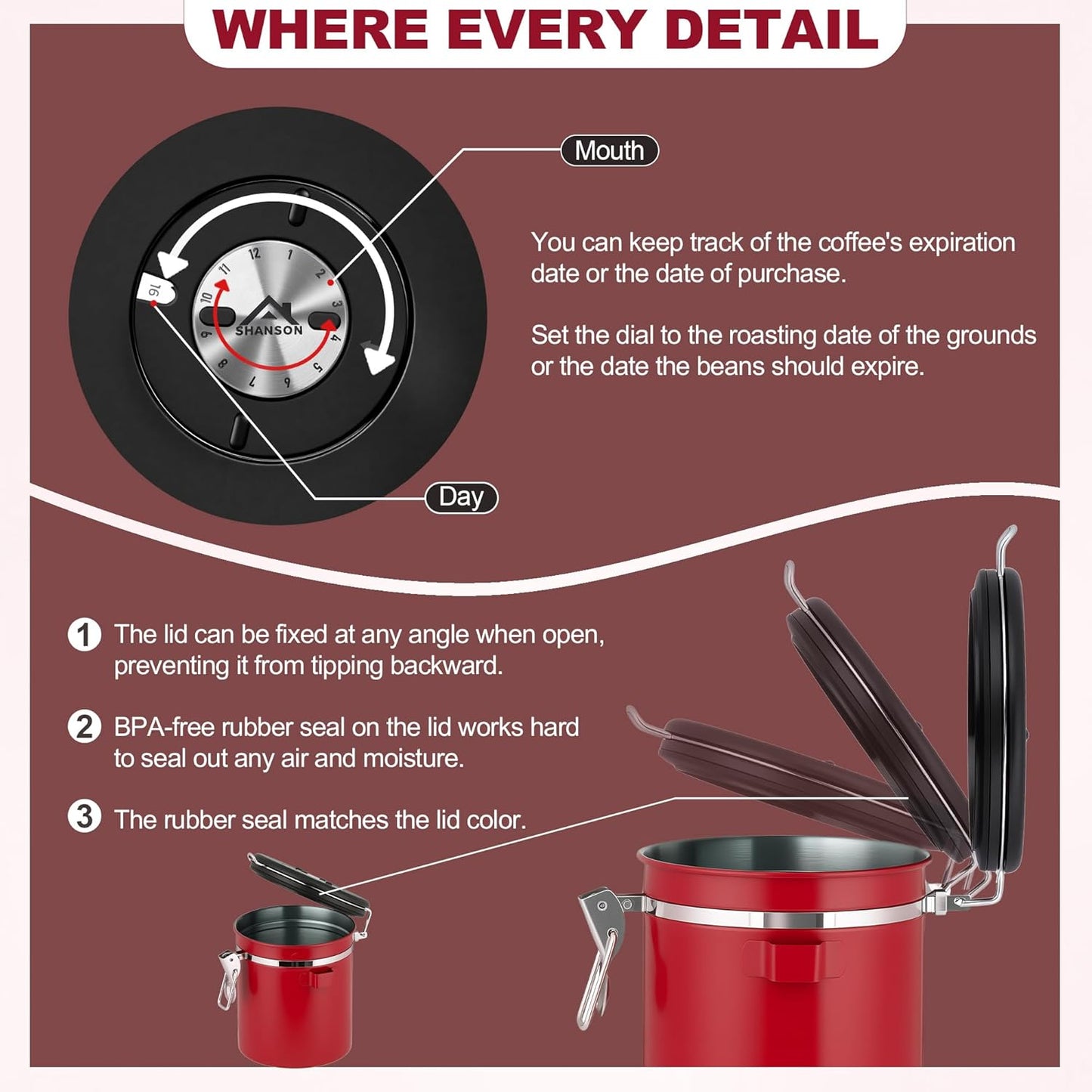 ShanSon Coffee Canister Airtight Coffee Container Stainless Steel Coffee Bean Storage Container with Scoop Coffee Canister for Beans Grounds Sugar Flour Tea Cereal,16OZ,Red