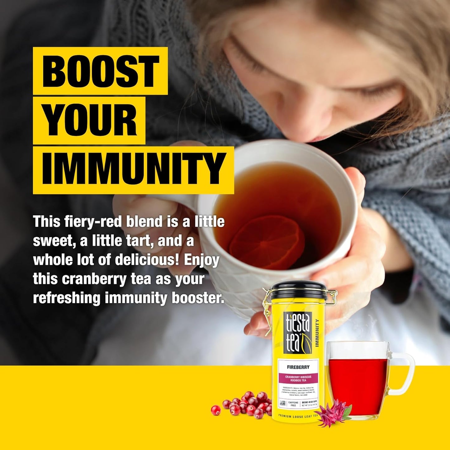 Tiesta Tea - Fireberry Cranberry Hibiscus Loose Leaf Tea, Caffeine-Free, Herbal Blend with Hibiscus, Cranberry, Currants, and Rooibos, Hot or Iced, Refillable Tin, Makes Up to 50 Cups, 5 Ounce