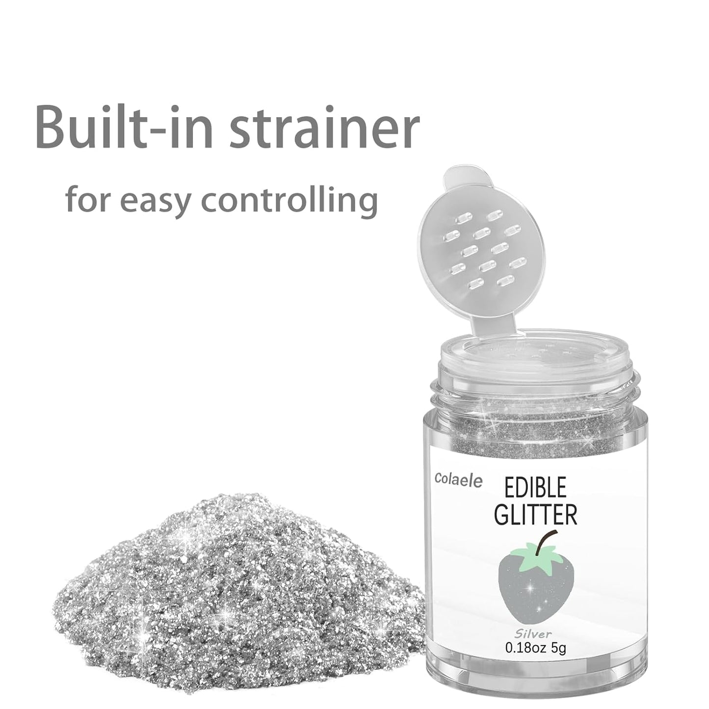 Silver Edible Glitter Glimmer Powder for Cakes Drinks - Colaele 5 grams Food Grade Luster Dust Metallic Food Decorating Sprinkle Disco Brew Dust for Cake Decorations Wine Beverage Candy Dessert, Vegan