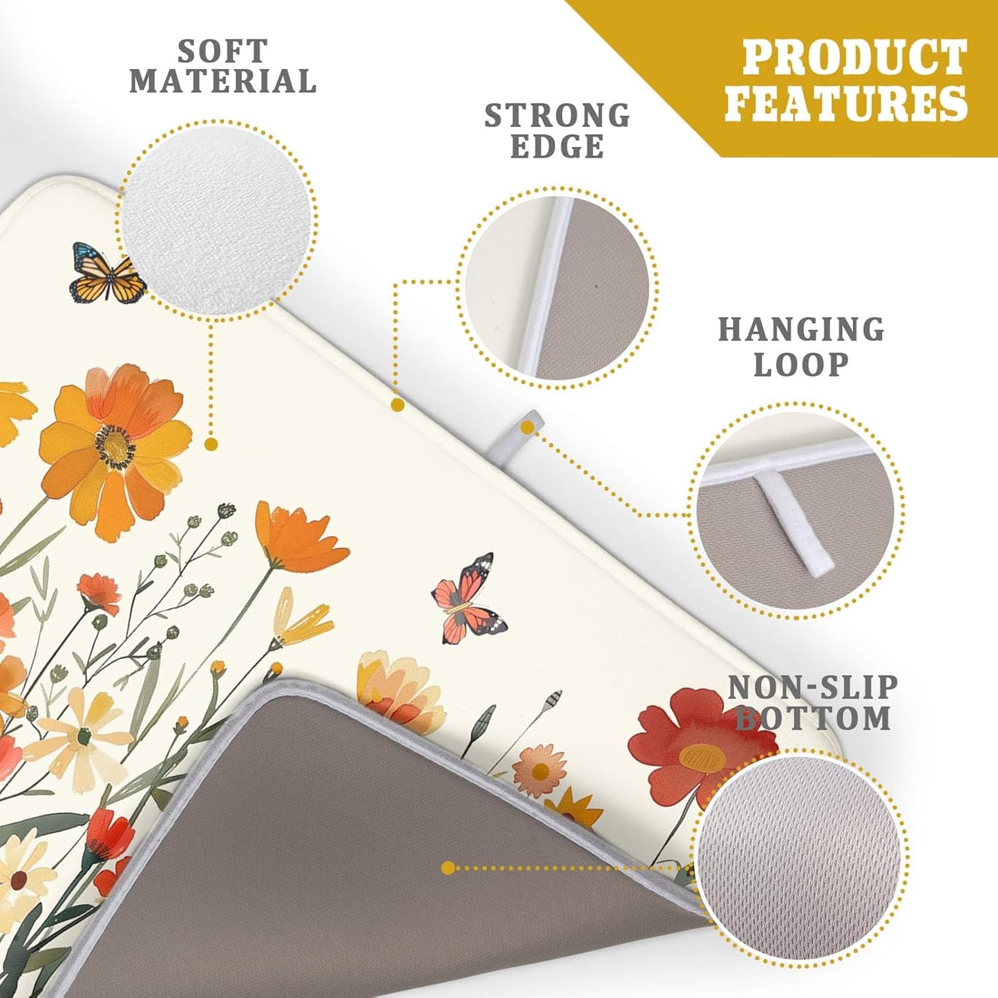 Fall Orange Wildflower Dish Drying Mat for Kitchen Counter,Autumn Floral Butterflies Drying Mat 18 x 24 Inch with Absorbent Reversible Microfiber Dish Drying Pad Dish Pad for Coffee Bar