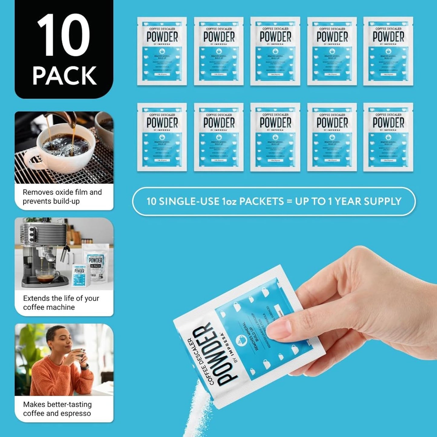 [10 Uses] Impresa Descaling Powder & Coffee Machine Cleaning Powder for Breville, for Keurig, for Nespresso, for Delonghi, for Ninja & More - Espresso Machine Descaler - Pot & Coffee Maker Cleaner
