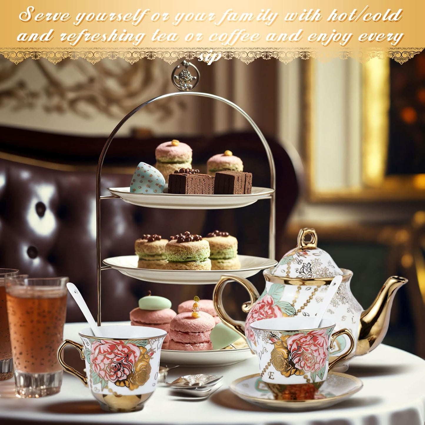 Zhehao 20 Pcs Porcelain Tea Set with Metal Holder and Spoon Adult Ceramic Tea Party Set European Flower Painting Teapot Cup Saucer Spoon Set for Women, Large Version(Bright Style)
