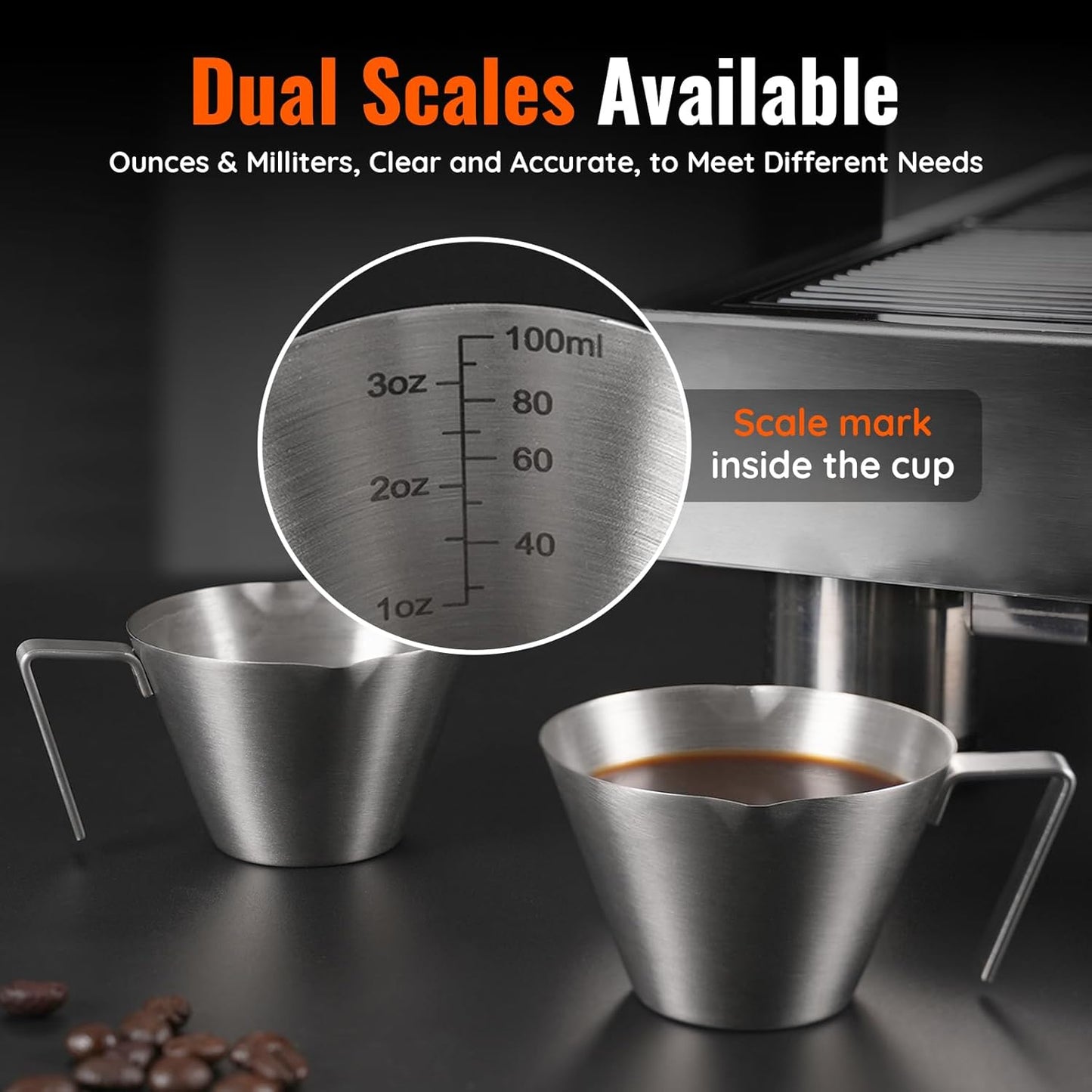 YARRAMATE 2 Pcs Espresso Cups with Handle, Stainless Steel Espresso Accessories, Double Spout Metal Measuring Cup with Dual Scale, Espresso Shot cup with V-Shaped Mouth, 3.4OZ/100ML(Silver)