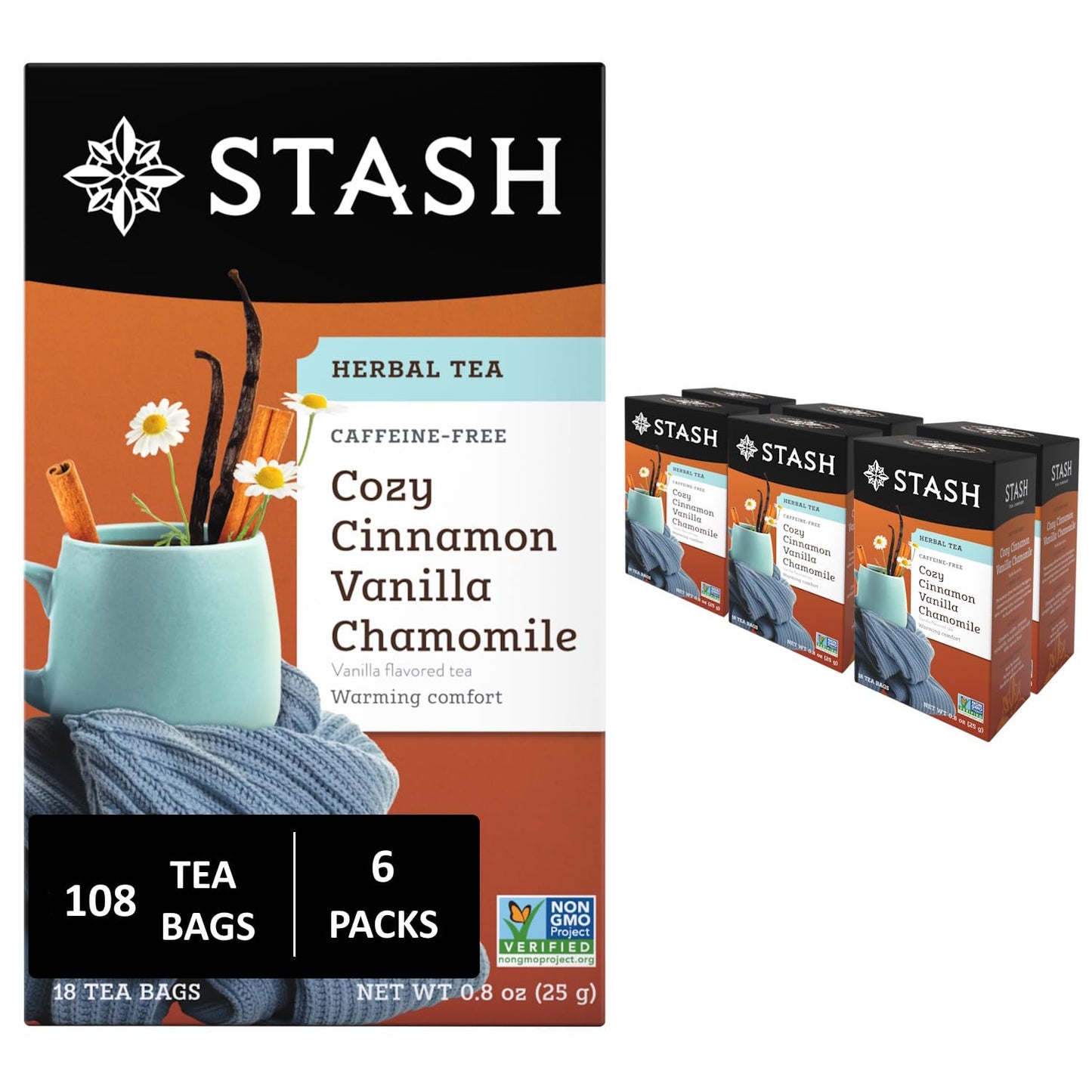 Stash Tea Cozy Cinnamon Vanilla Herbal Tea - Naturally Caffeine Free, Non-GMO Project Verified Premium Tea with No Artificial Ingredients, 18 Count (Pack of 6) - 108 Bags Total