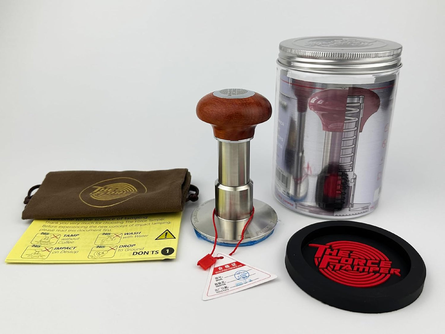 The Force Tamper Automatic Impact Adjustable Constant Pressure and Autoleveling Coffee Tamper Reddish Brown Jellyfish Wooden Handle Set Pro (Standard Set, 53.00mm)