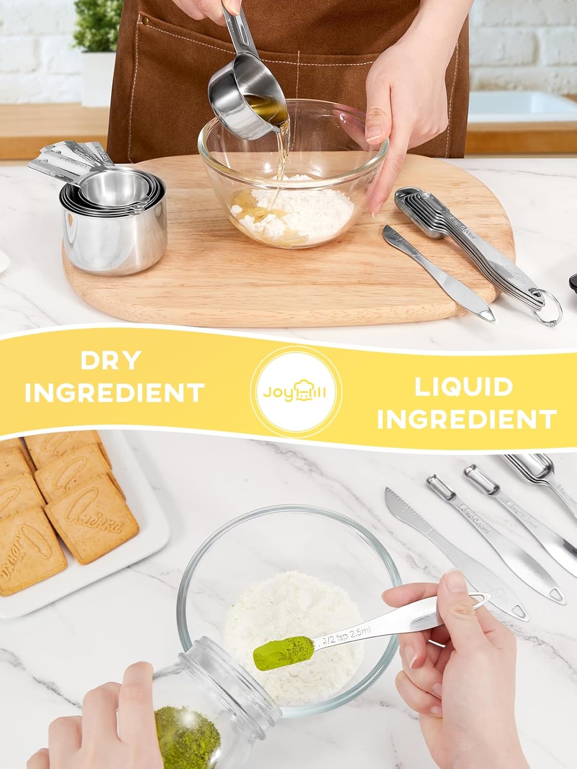 Joyhill Measuring Cups and Spoons Set of 15 Piece, Metal Stainless Steel Measuring Cups and Spoons Set for Baking Cooking, Dry and Liquid Ingredients