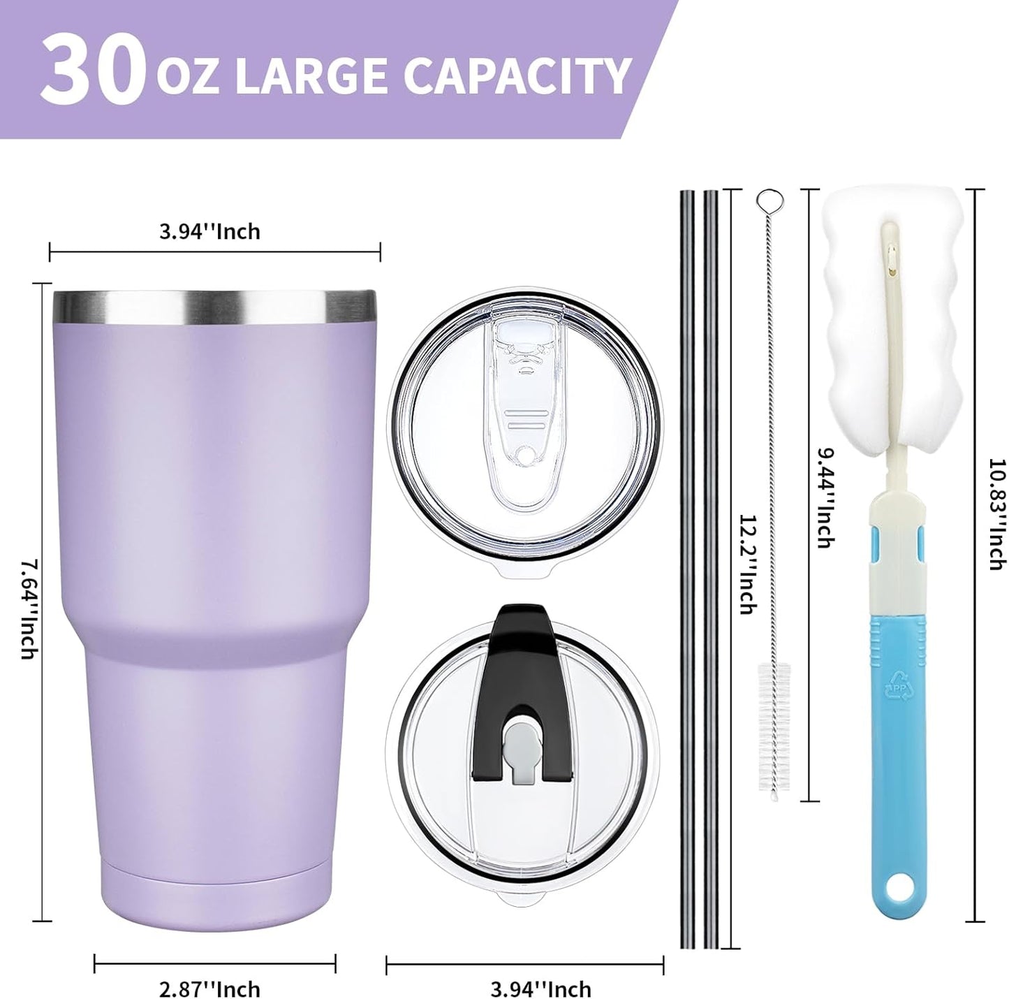 30 oz Tumbler with Lids and Straws, Stainless Steel Insulated Coffee Tumbler, Double Wall Vacuum Insulated Travel Mug Cup, Leakproof Thermal Coffee Cup for Hot and Cold Drinks (Light Purple)